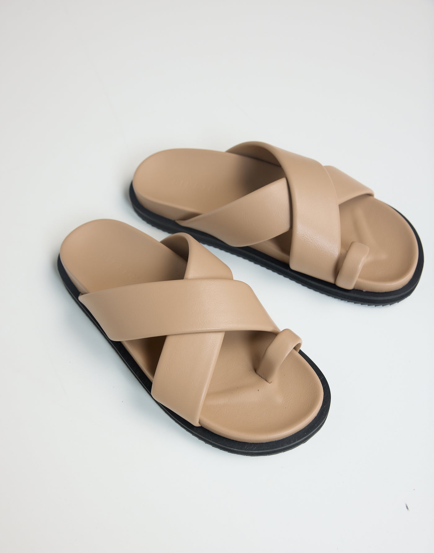 Trixie Slides (Light Cashew) - By Billini - Cross Over Strap Toe Ring Flats - Women's Shoes - Charcoal Clothing