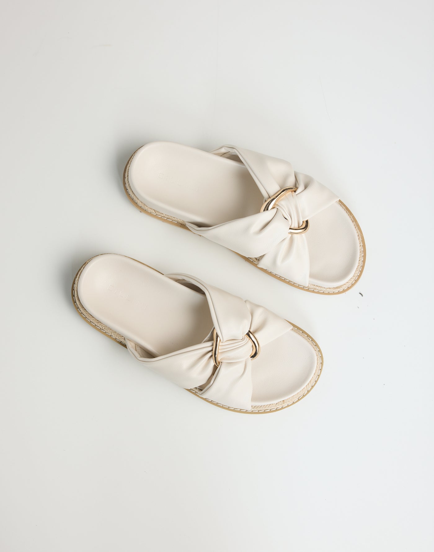 Ambrose Slides (Ivory) - By Billini - Gathered Gold Ring Detail Platform Flats - Women's Shoes - Charcoal Clothing