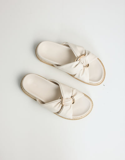 Ambrose Slides (Ivory) - By Billini - Gathered Gold Ring Detail Platform Flats - Women's Shoes - Charcoal Clothing