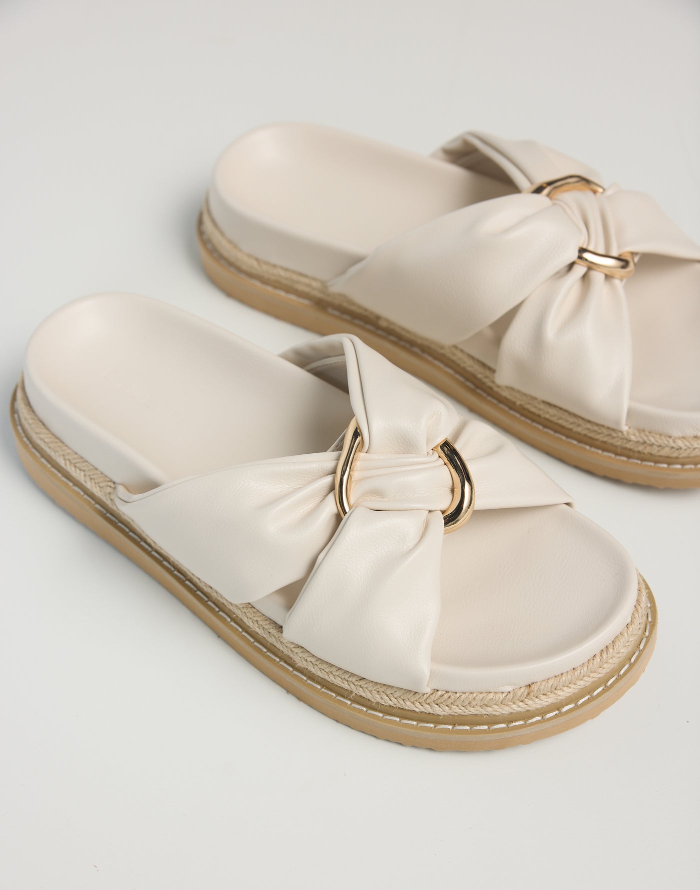 Ambrose Slides (Ivory) - By Billini - Gathered Gold Ring Detail Platform Flats - Women's Shoes - Charcoal Clothing