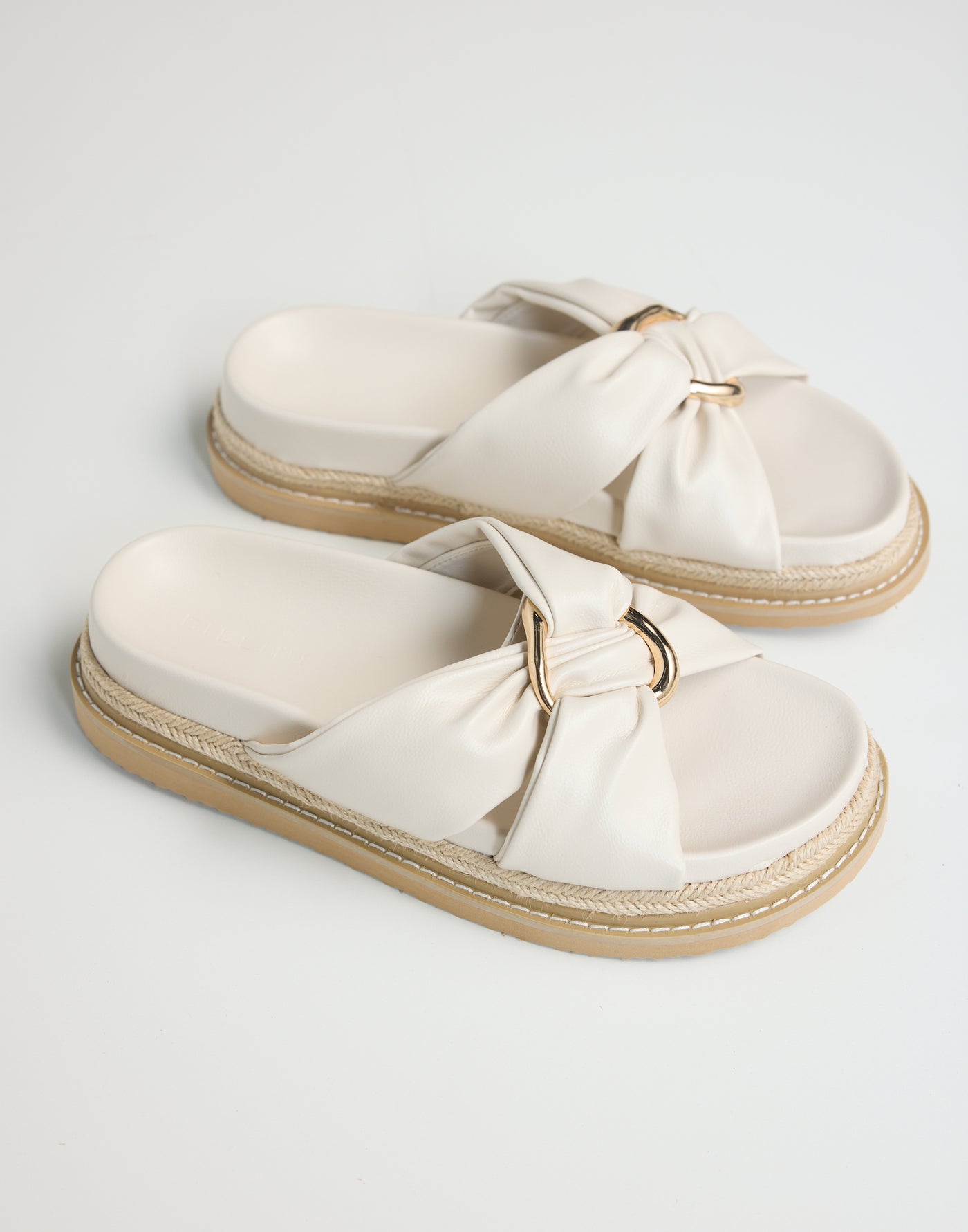 Ambrose Slides (Ivory) - By Billini - Gathered Gold Ring Detail Platform Flats - Women's Shoes - Charcoal Clothing