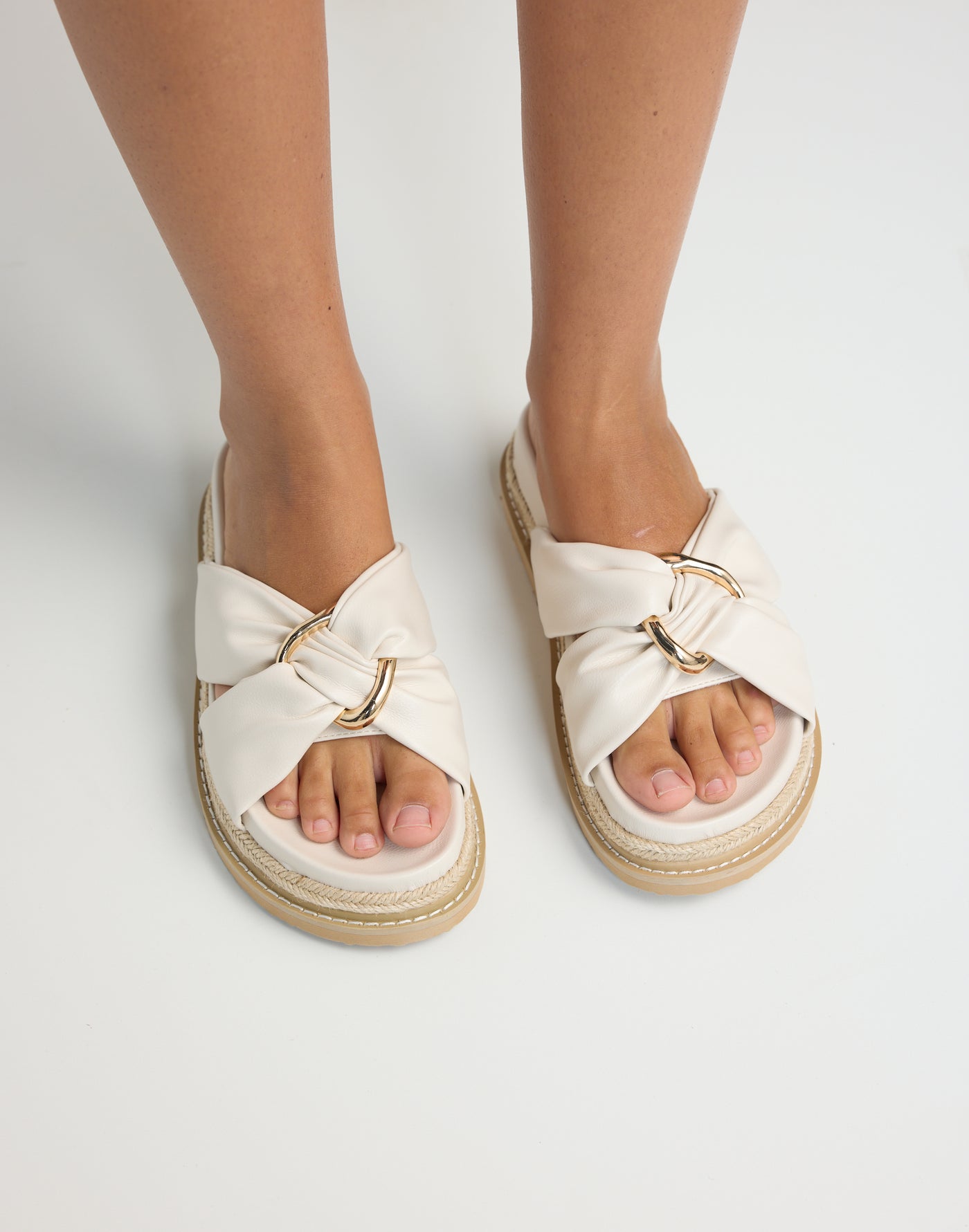 Ambrose Slides (Ivory) - By Billini - Gathered Gold Ring Detail Platform Flats - Women's Shoes - Charcoal Clothing