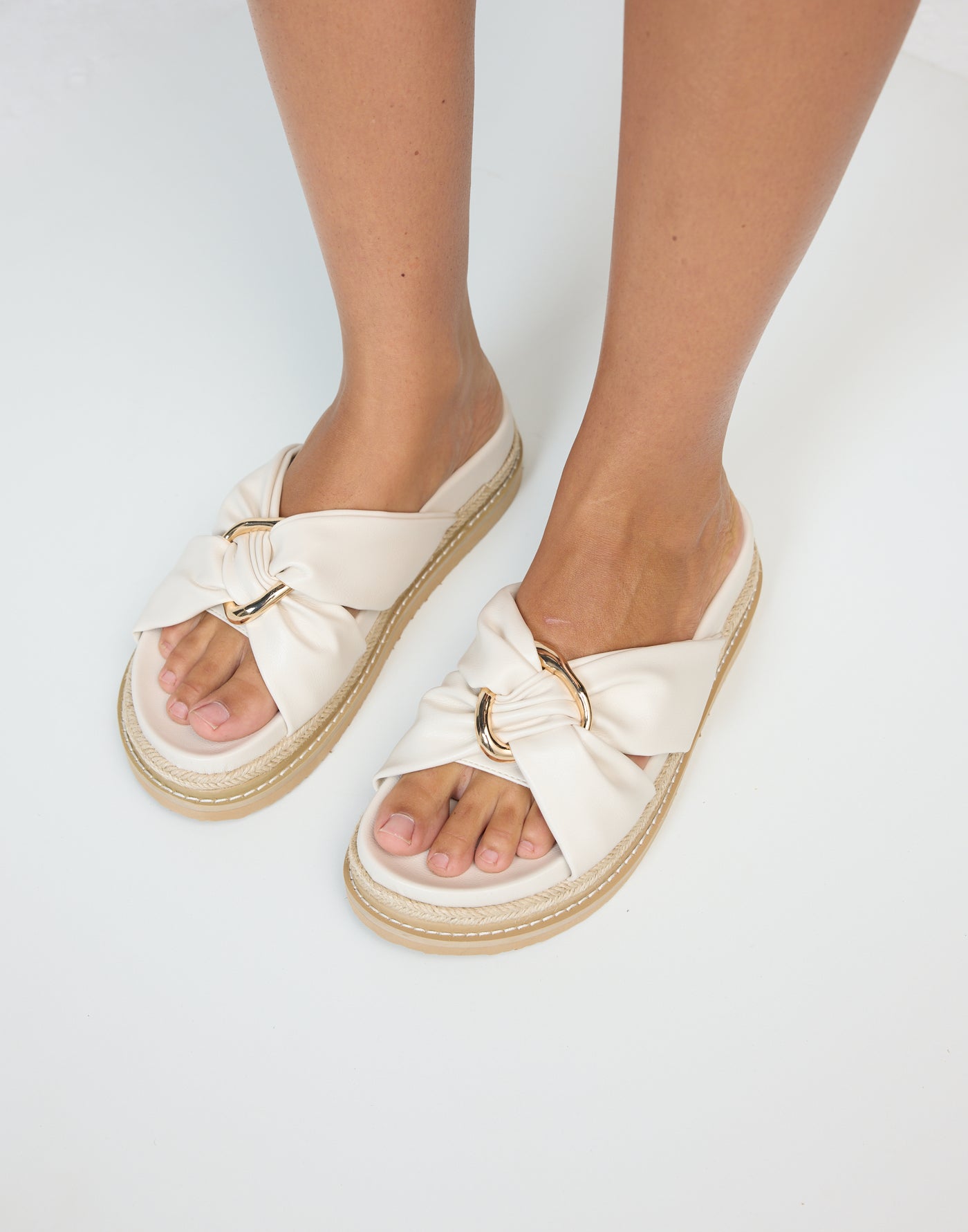 Ambrose Slides (Ivory) - By Billini - Gathered Gold Ring Detail Platform Flats - Women's Shoes - Charcoal Clothing