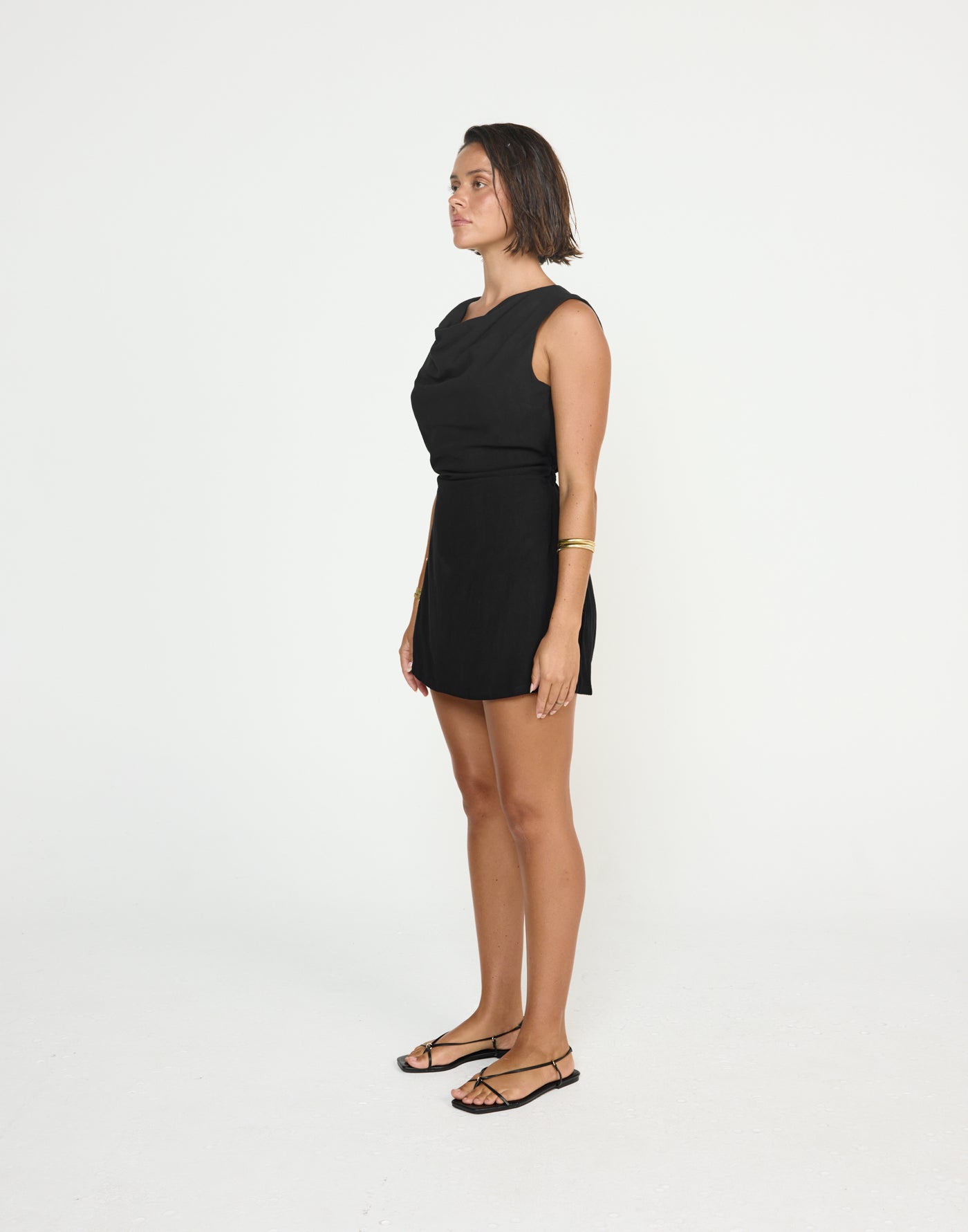 Shoreline Mini Dress (Black) - CHARCOAL EXCLUSIVE - Cowl neckline linen flowy mini dress with adjustable back tie - Women's Dress - Charcoal Clothing