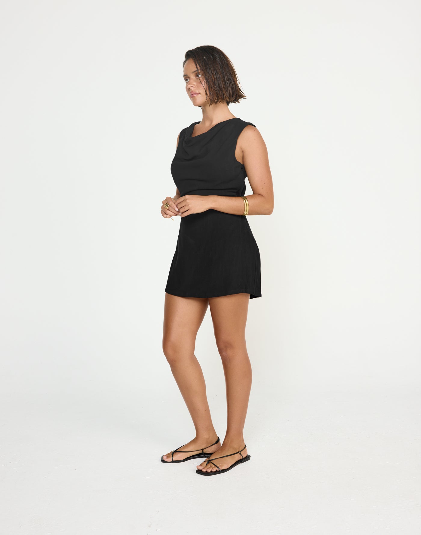 Shoreline Mini Dress (Black) - CHARCOAL EXCLUSIVE - Cowl neckline linen flowy mini dress with adjustable back tie - Women's Dress - Charcoal Clothing