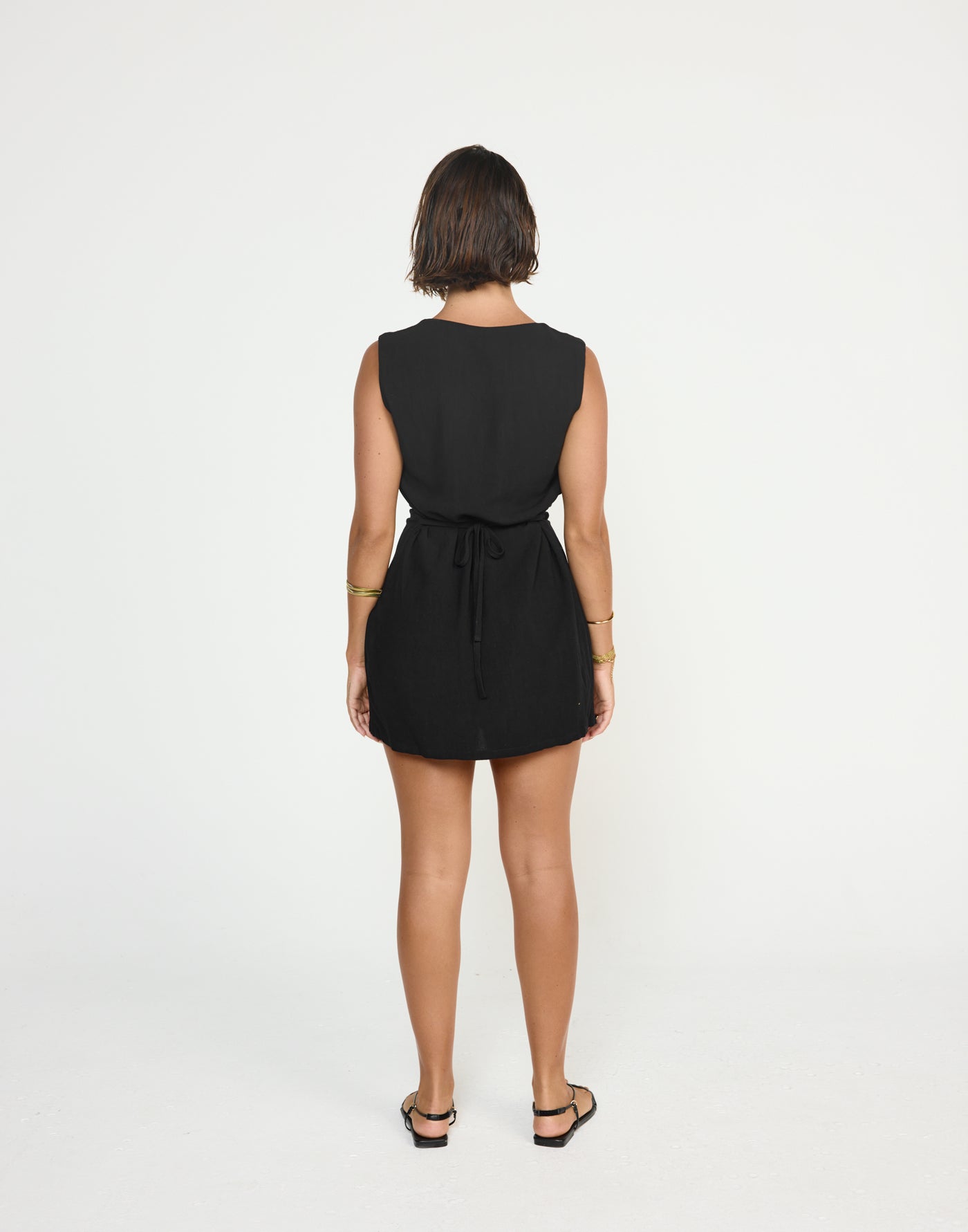 Shoreline Mini Dress (Black) - CHARCOAL EXCLUSIVE - Cowl neckline linen flowy mini dress with adjustable back tie - Women's Dress - Charcoal Clothing