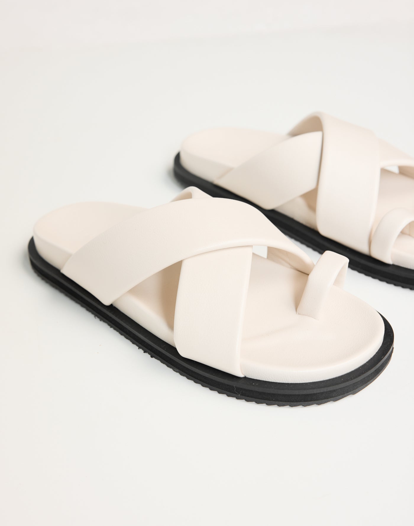 Trixie Slides (Ivory) - By Billini - Cross Over Strap Toe Ring Flats - Women's Shoes - Charcoal Clothing