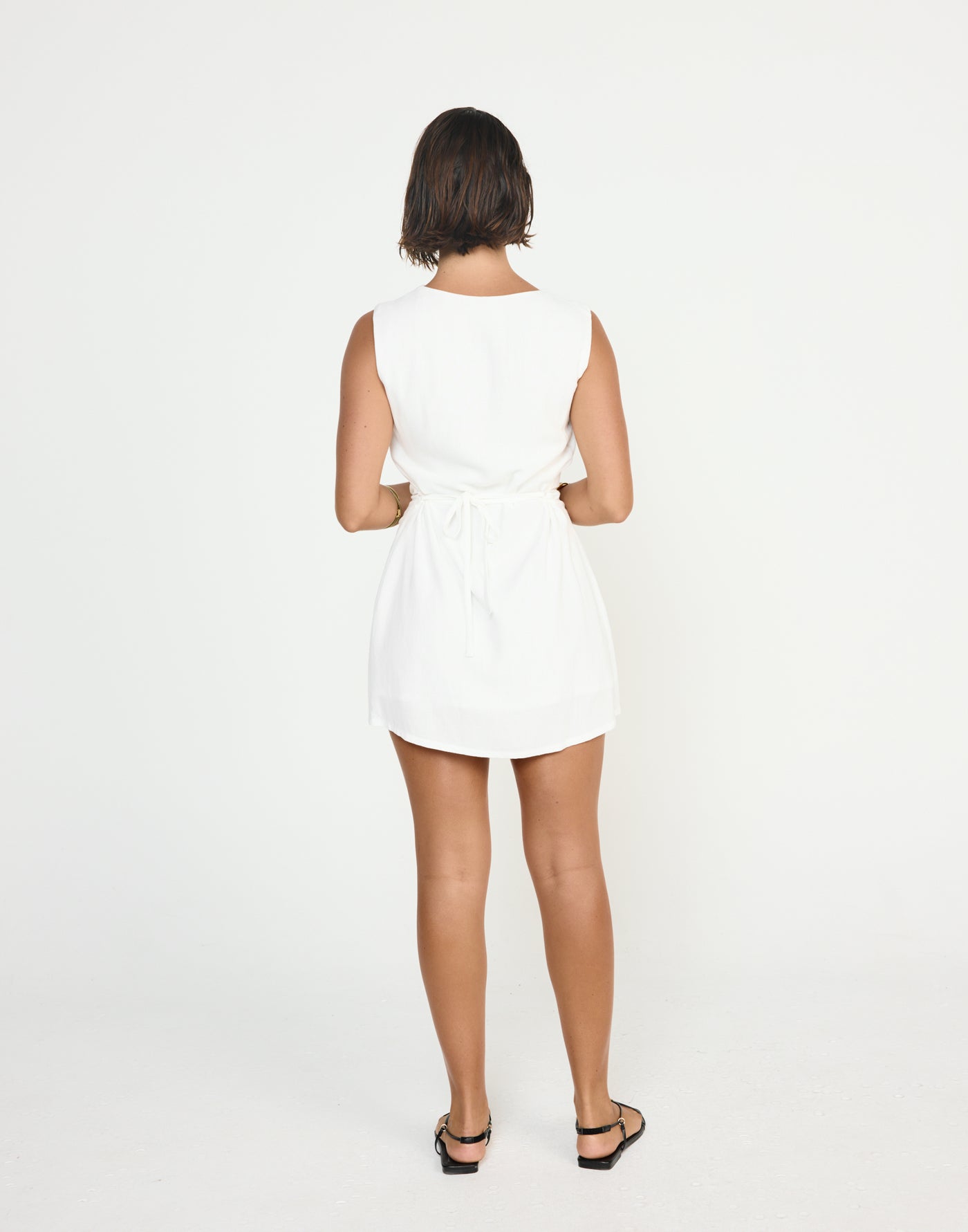 Shoreline Mini Dress (White) - CHARCOAL EXCLUSIVE - Cowl neckline linen flowy mini dress with adjustable back tie - Women's Dress - Charcoal Clothing