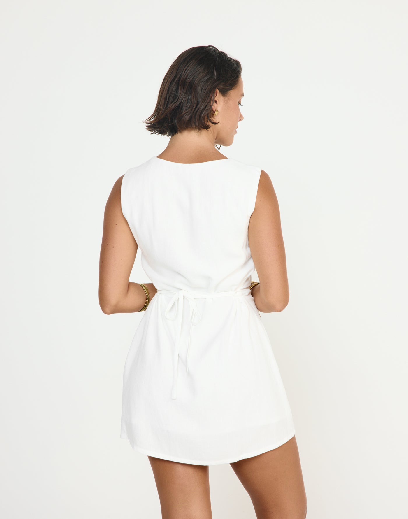 Shoreline Mini Dress (White) - CHARCOAL EXCLUSIVE - Cowl neckline linen flowy mini dress with adjustable back tie - Women's Dress - Charcoal Clothing
