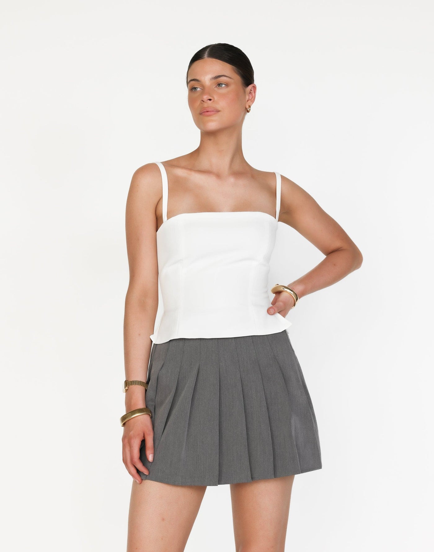 Caris Top (White) | CHARCOAL Exclusive - Flared Hem Straight Neckline Suiting Top - Women's Top - Charcoal Clothing