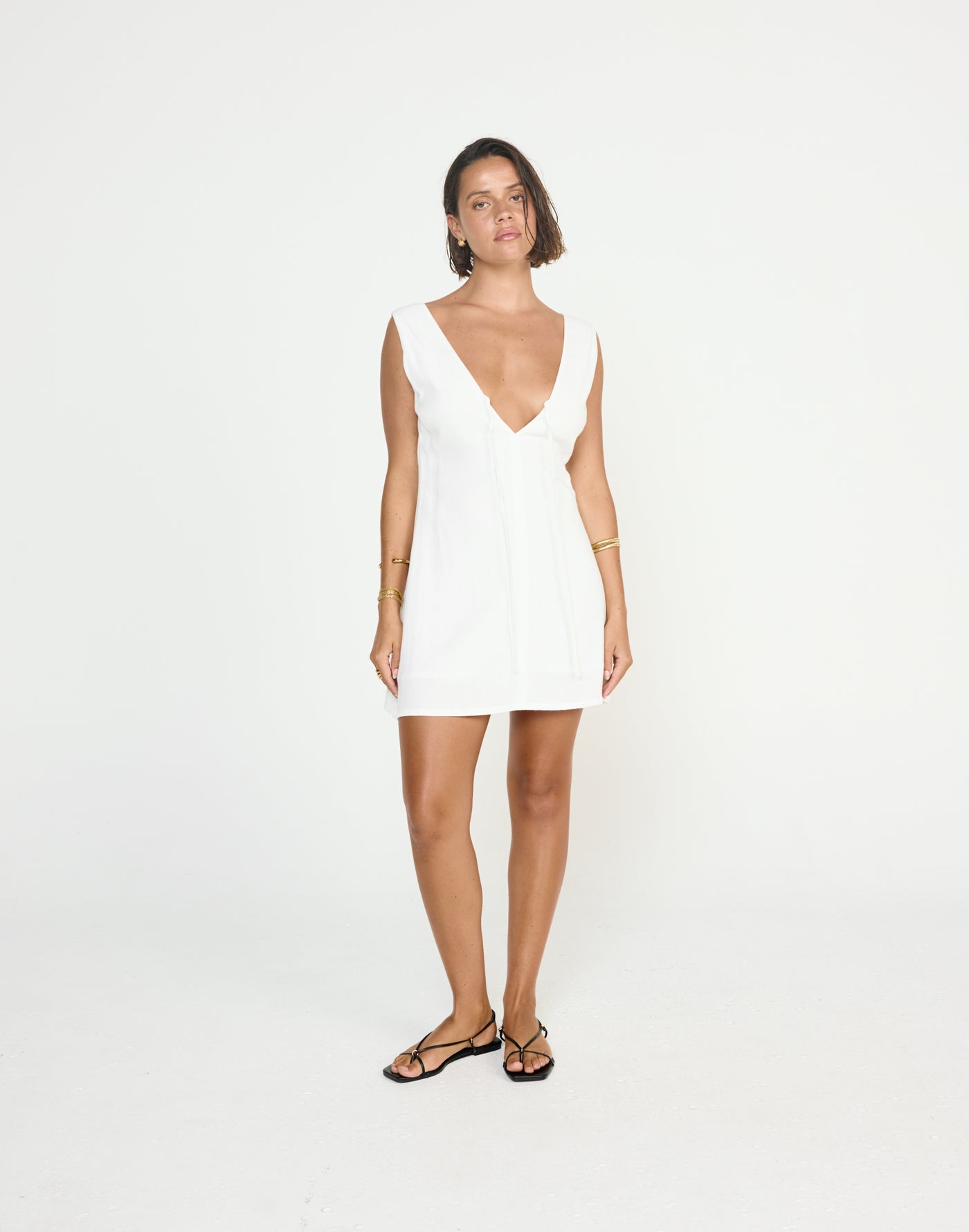 Seascape Mini Dress (White) - CHARCOAL EXCLUSIVE - V neckline loose fitting mini dress linen fabrication - Women's Dress - Charcoal Clothing