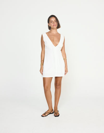 Seascape Mini Dress (White) - CHARCOAL EXCLUSIVE - V neckline loose fitting mini dress linen fabrication - Women's Dress - Charcoal Clothing