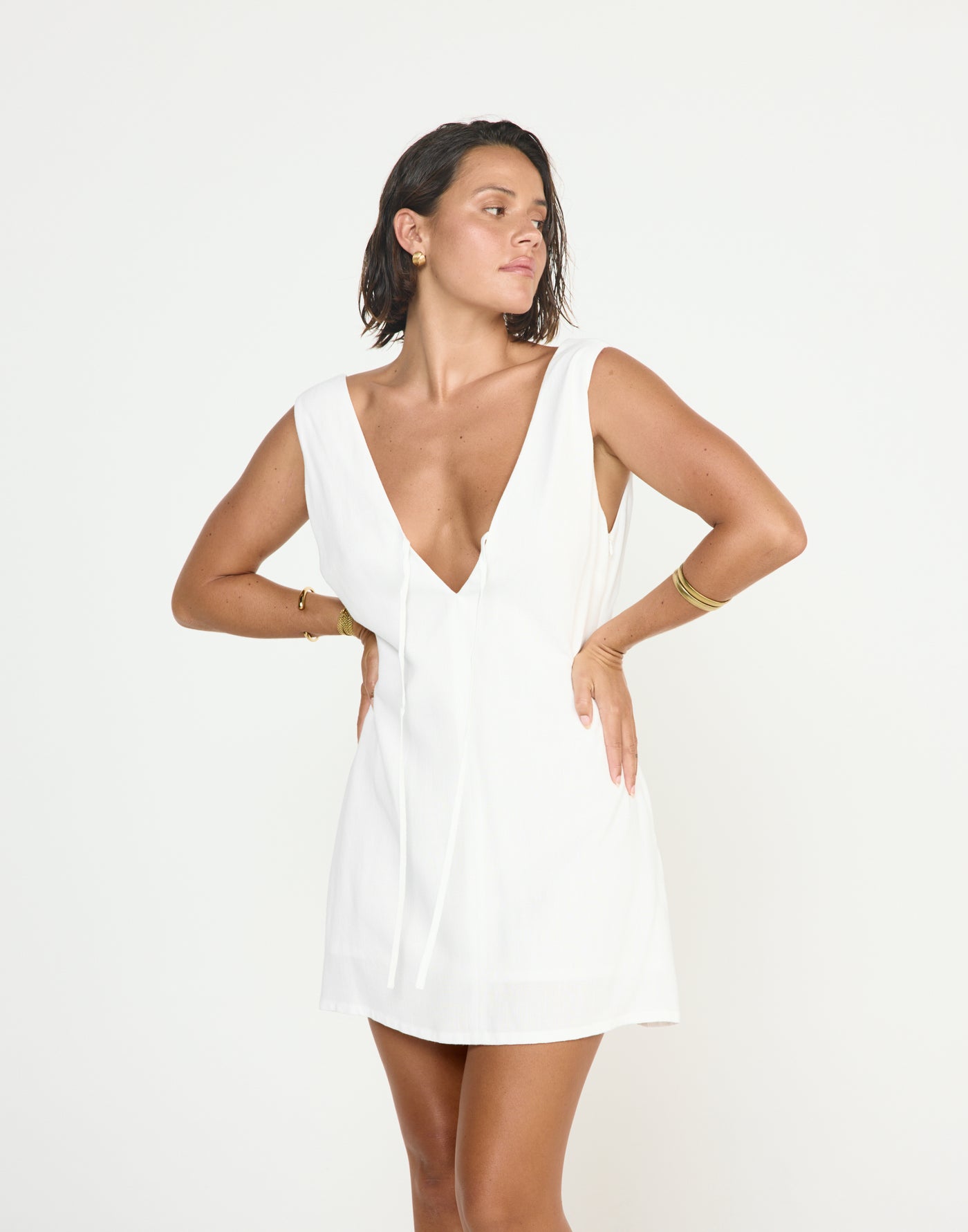 Seascape Mini Dress (White) - CHARCOAL EXCLUSIVE - V neckline loose fitting mini dress linen fabrication - Women's Dress - Charcoal Clothing