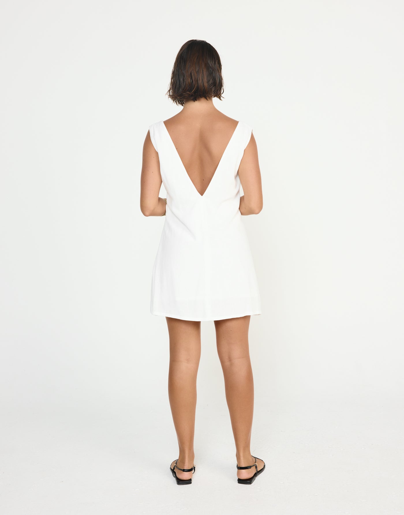 Seascape Mini Dress (White) - CHARCOAL EXCLUSIVE - V neckline loose fitting mini dress linen fabrication - Women's Dress - Charcoal Clothing