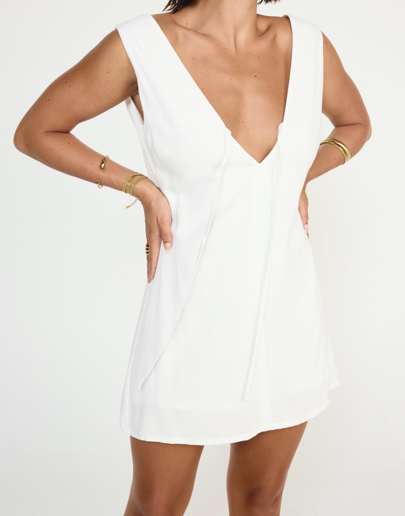 Seascape Mini Dress (White) - CHARCOAL EXCLUSIVE - V neckline loose fitting mini dress linen fabrication - Women's Dress - Charcoal Clothing