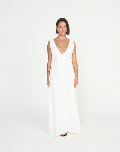 Seascape Maxi Dress (White) - CHARCOAL EXCLUSIVE - V neckline loose fitting maxi dress linen fabrication - Women's Dress - Charcoal Clothing