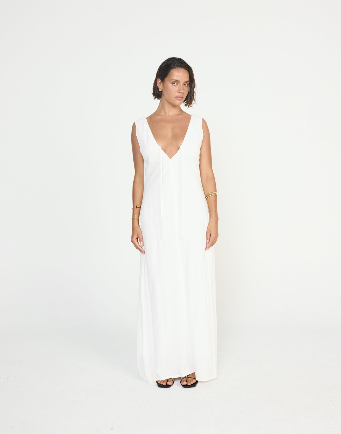 Seascape Maxi Dress (White) - CHARCOAL EXCLUSIVE - V neckline loose fitting maxi dress linen fabrication - Women's Dress - Charcoal Clothing