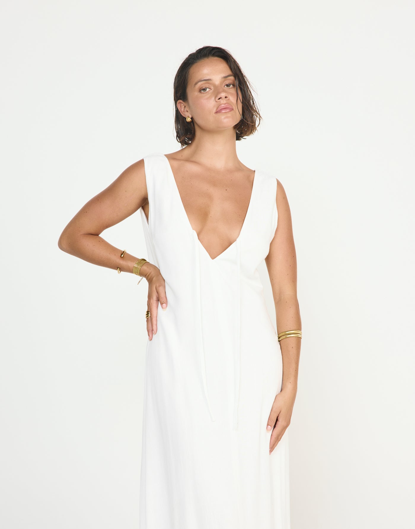 Seascape Maxi Dress (White) - CHARCOAL EXCLUSIVE - V neckline loose fitting maxi dress linen fabrication - Women's Dress - Charcoal Clothing