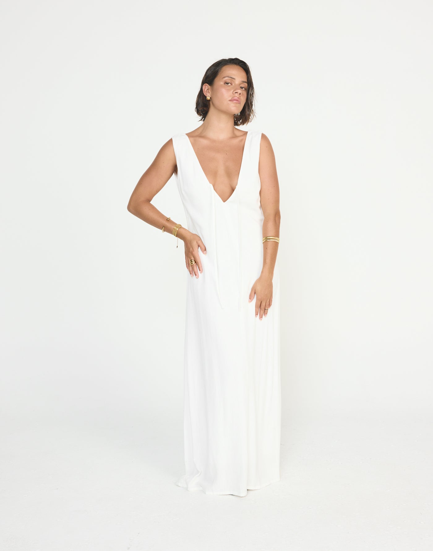 Seascape Maxi Dress (White) - CHARCOAL EXCLUSIVE - V neckline loose fitting maxi dress linen fabrication - Women's Dress - Charcoal Clothing