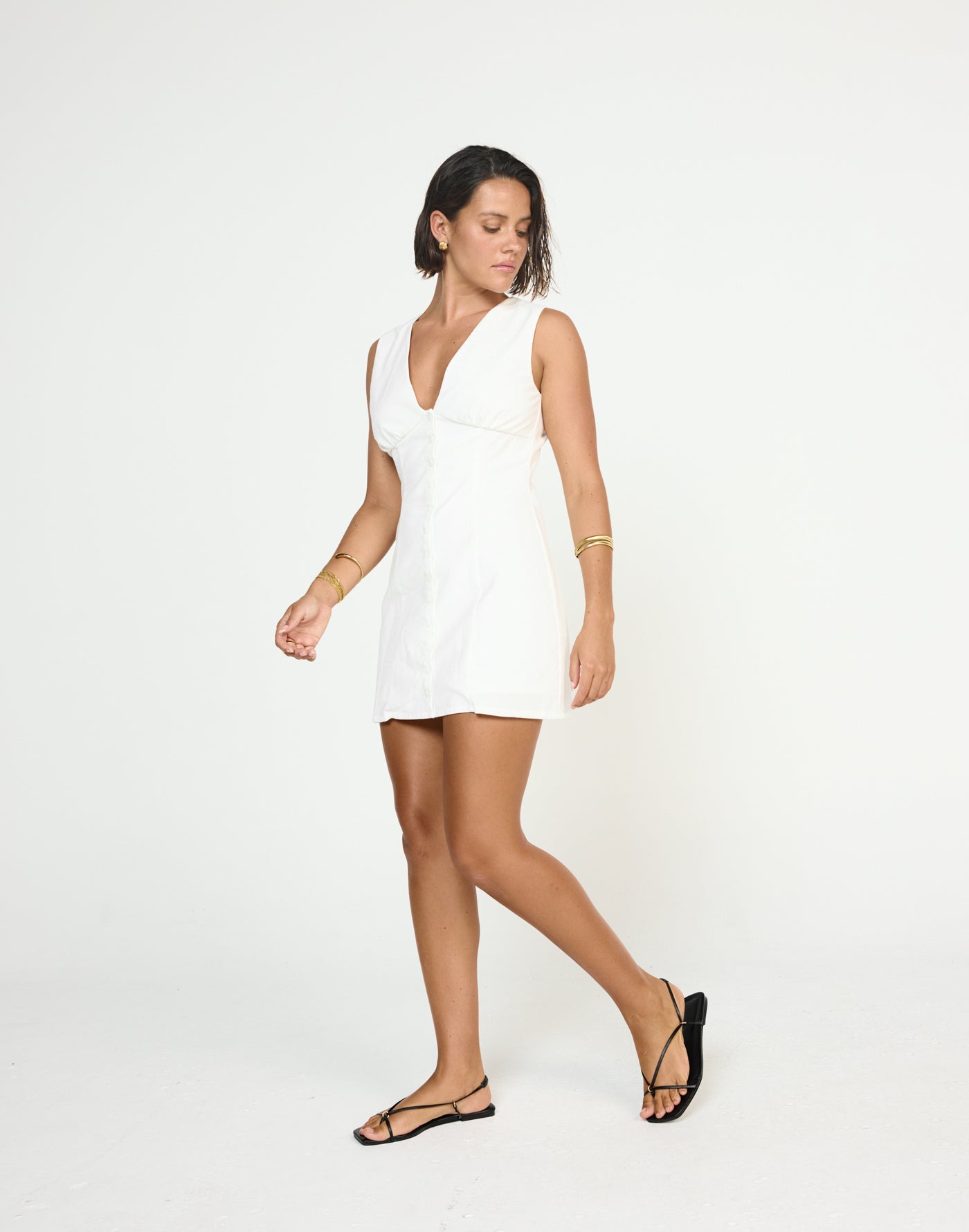 Nautical Mini Dress (White) - CHARCOAL EXCLUSIVE - Button front detailing open bust mini dress - Women's Dress - Charcoal Clothing