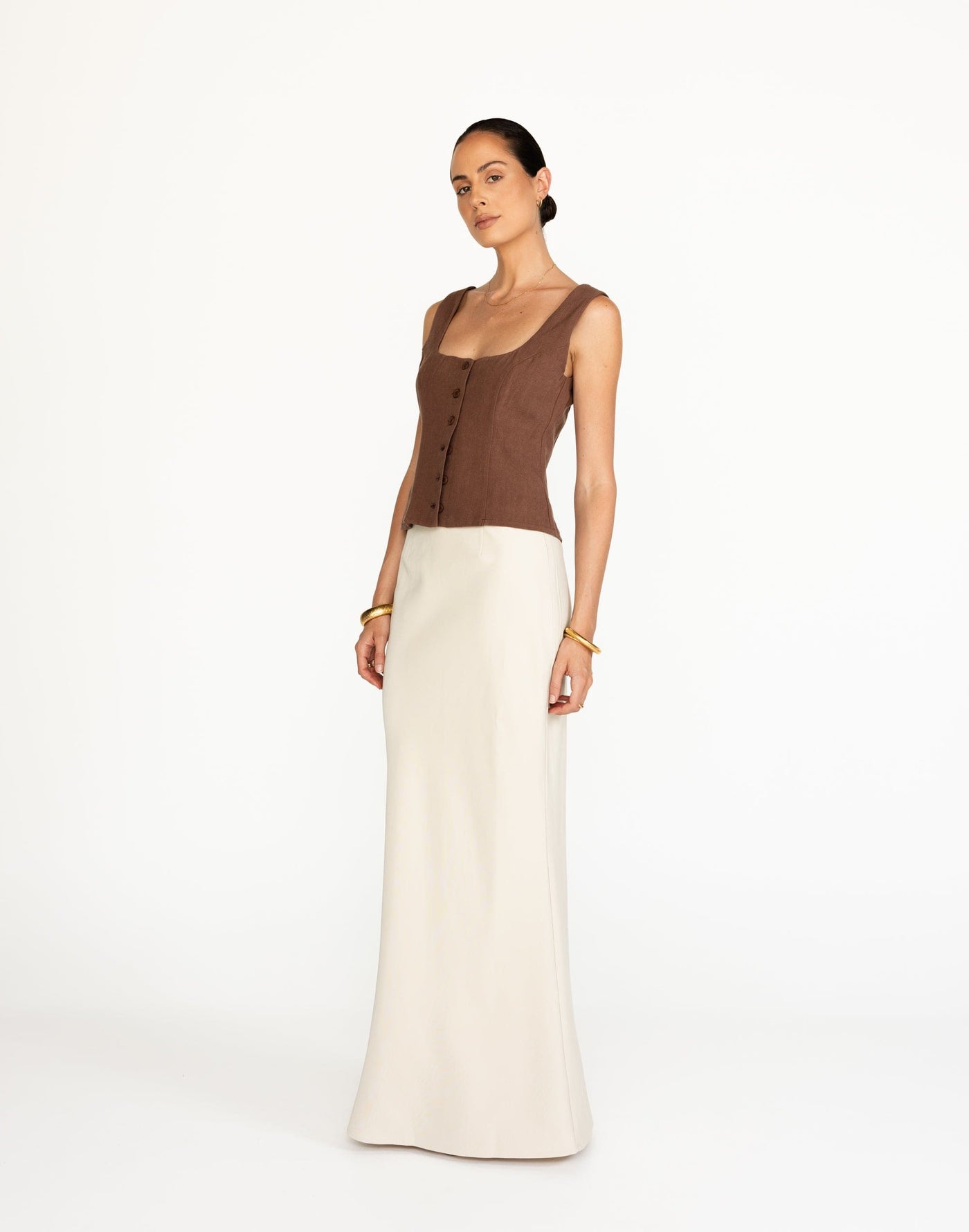 Joni Top (Espresso) | CHARCOAL Exclusive - Rounded Neckline Button Closure Linen Top - Women's Top - Charcoal Clothing