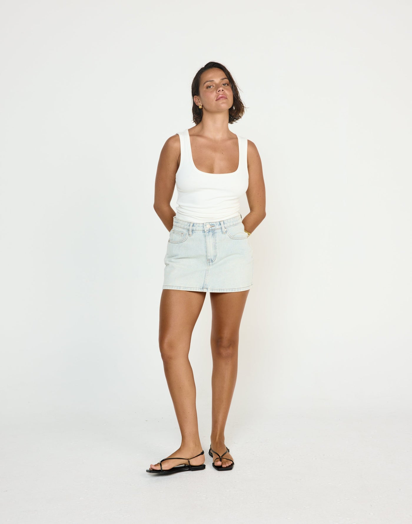 Riri Denim Mini Skirt (Light Blue) - CHARCOAL EXCLUSIVE - Mid rise functional pockets denim mini skirt - Women's Skirt - Charcoal Clothing