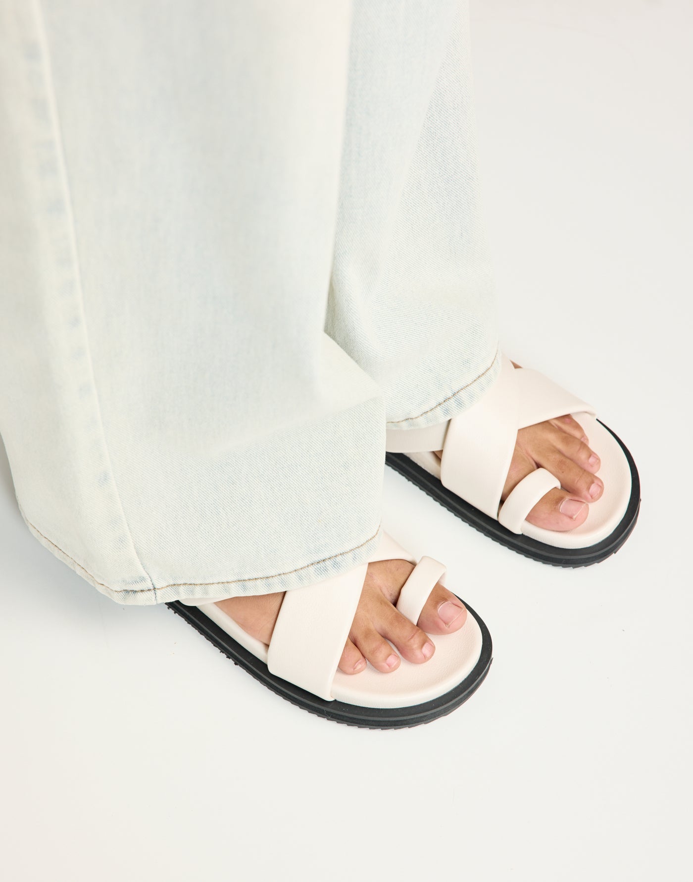 Trixie Slides (Ivory) - By Billini - Cross Over Strap Toe Ring Flats - Women's Shoes - Charcoal Clothing