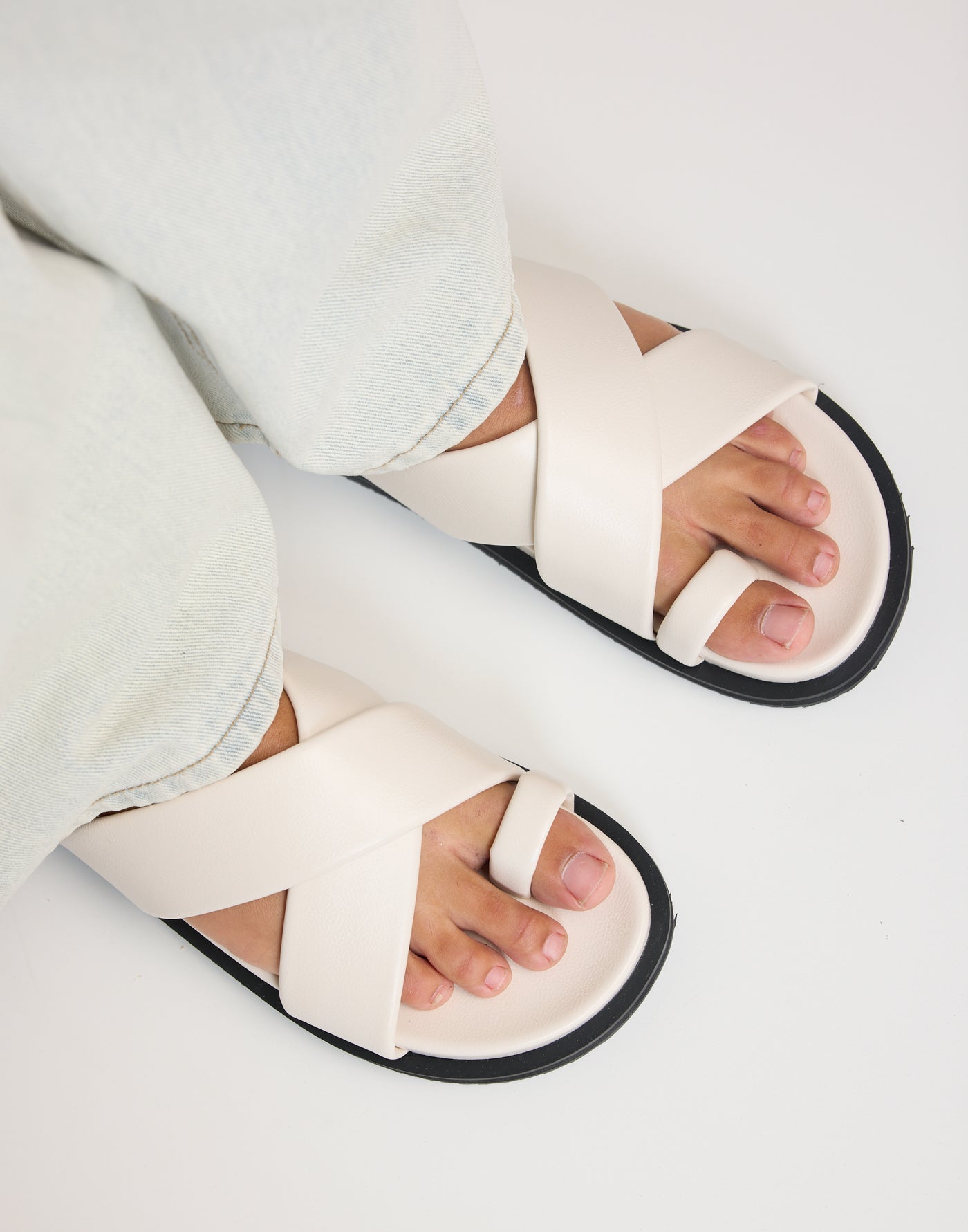 Trixie Slides (Ivory) - By Billini - Cross Over Strap Toe Ring Flats - Women's Shoes - Charcoal Clothing
