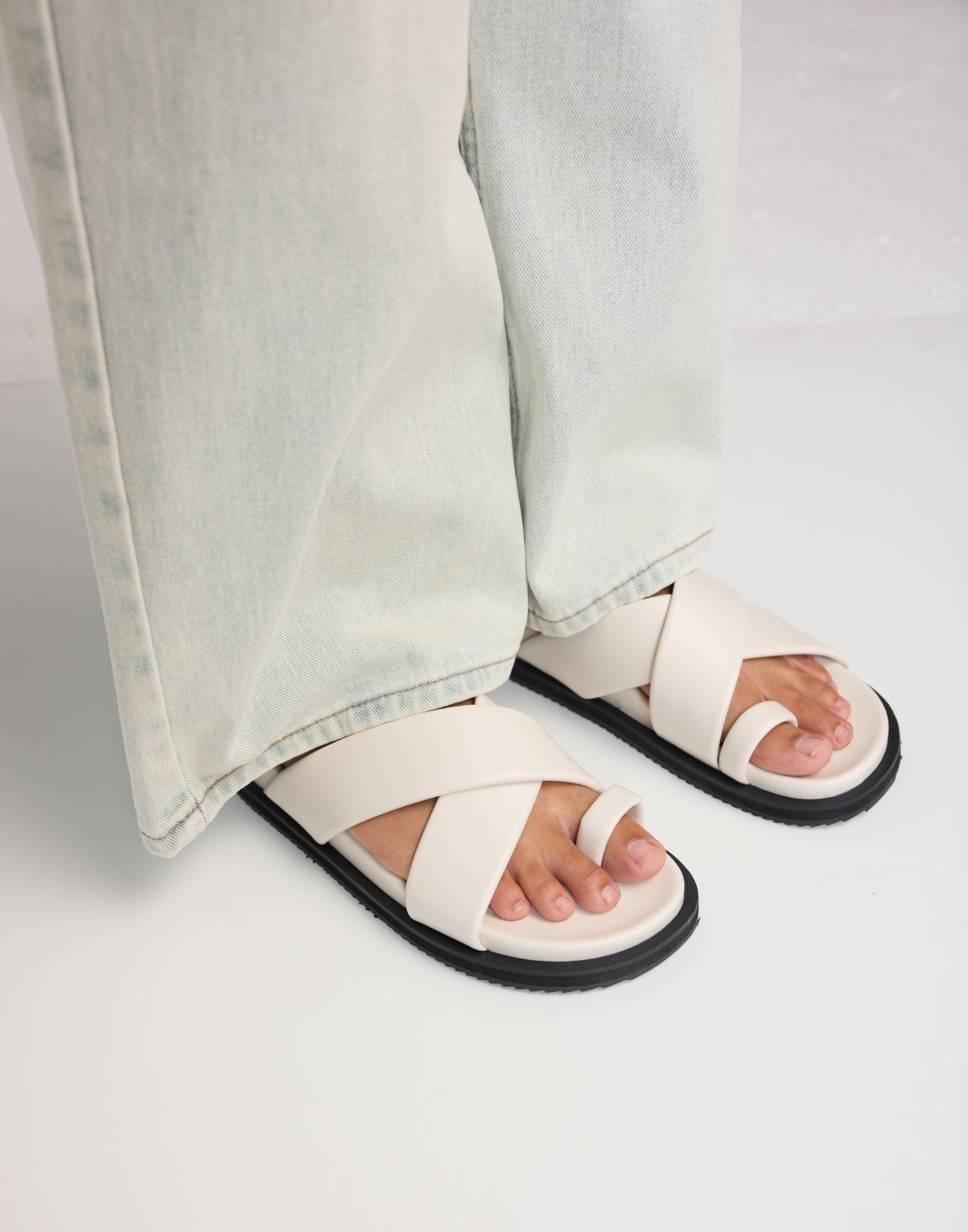 Trixie Slides (Ivory) - By Billini - Cross Over Strap Toe Ring Flats - Women's Shoes - Charcoal Clothing