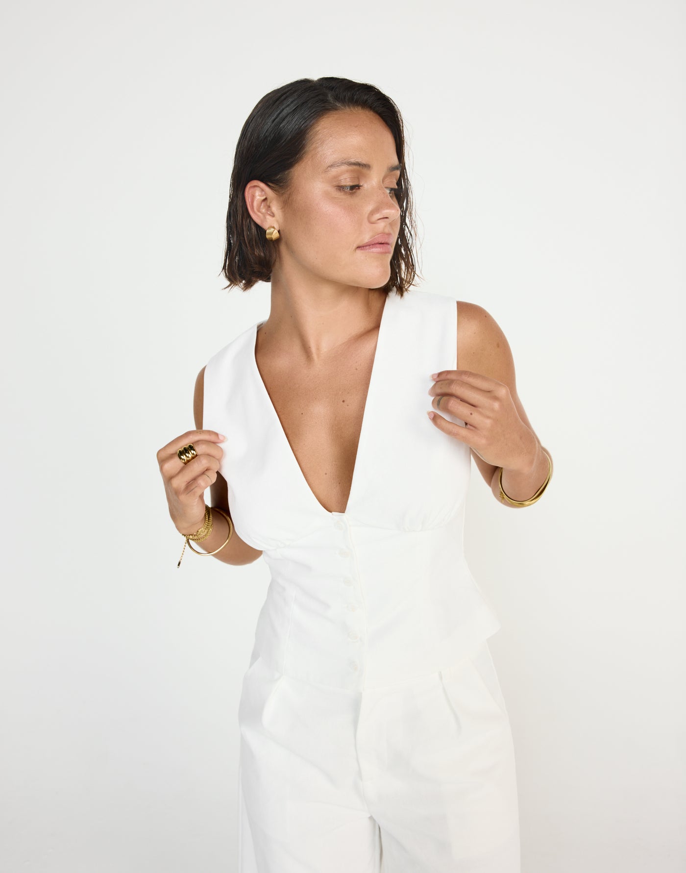Nautical Top (White) - CHARCOAL EXCLUSIVE - Linen fitted bodice top with button front detailing - Women's Top - Charcoal Clothing
