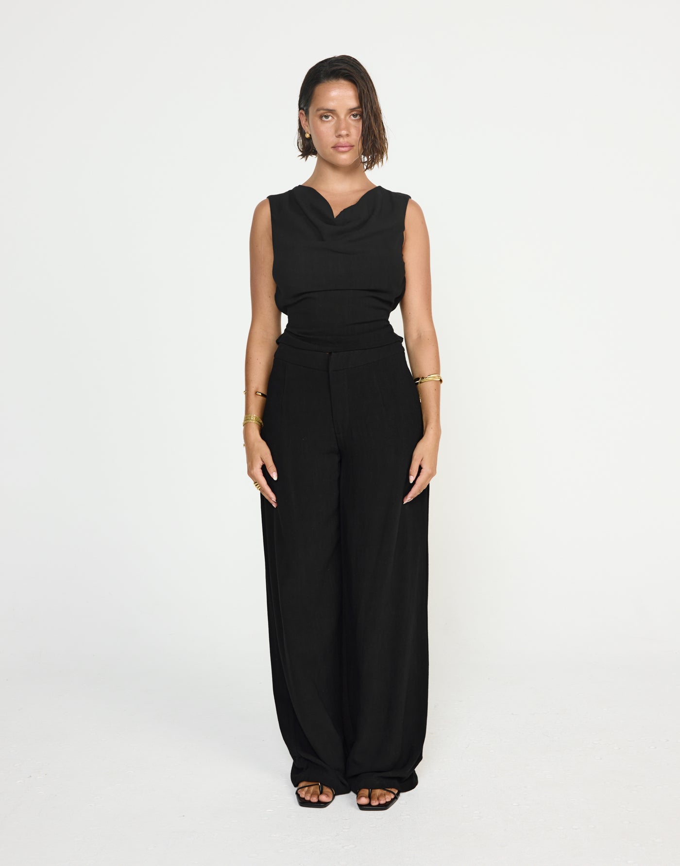 Shoreline Pants (Black) - CHARCOAL EXCLUSIVE - Mid to high rise wide baggy leg pants with linen fabrication - Women's Pants - Charcoal Clothing