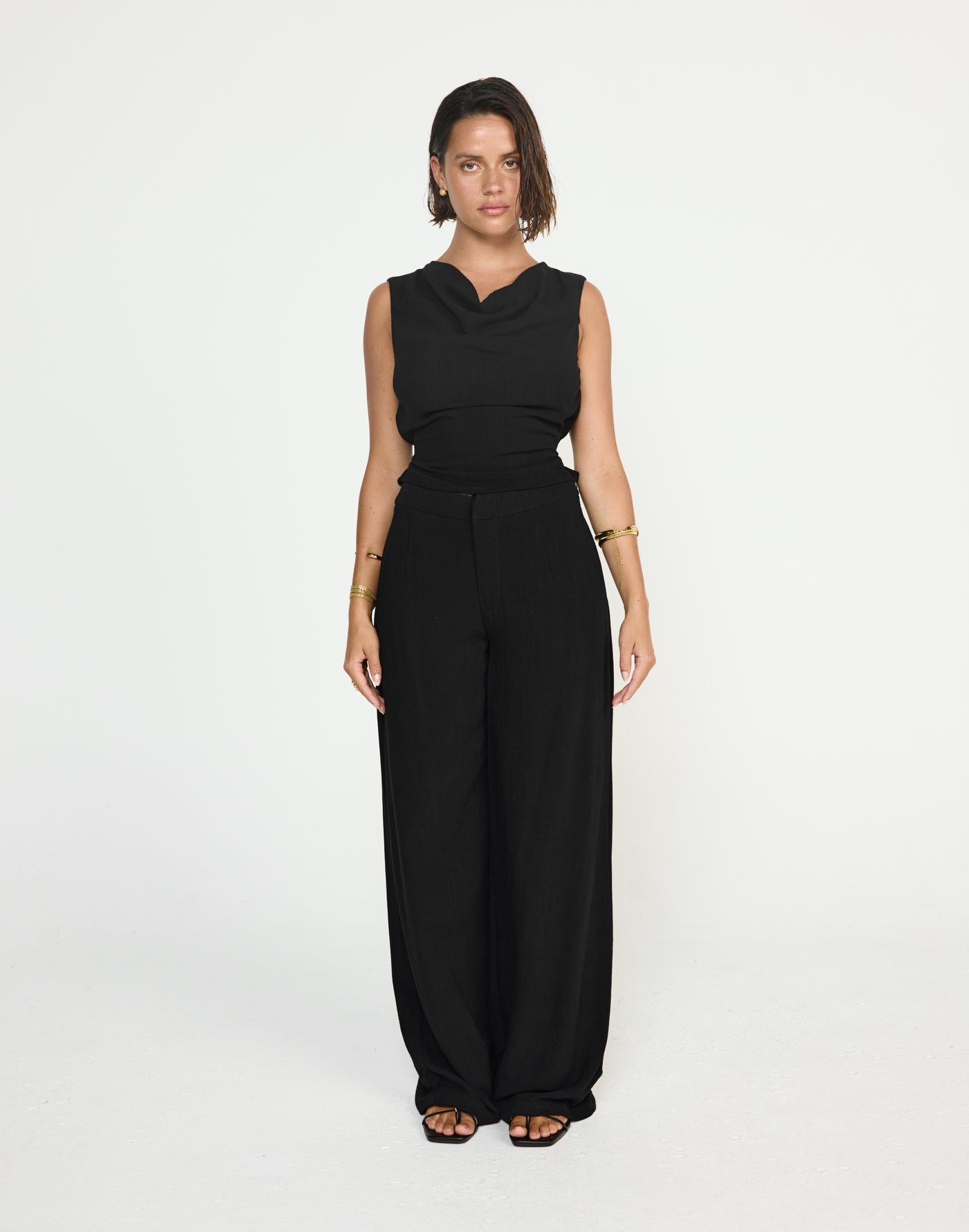 Shoreline Pants (Black) - CHARCOAL EXCLUSIVE - Mid to high rise wide baggy leg pants with linen fabrication - Women's Pants - Charcoal Clothing