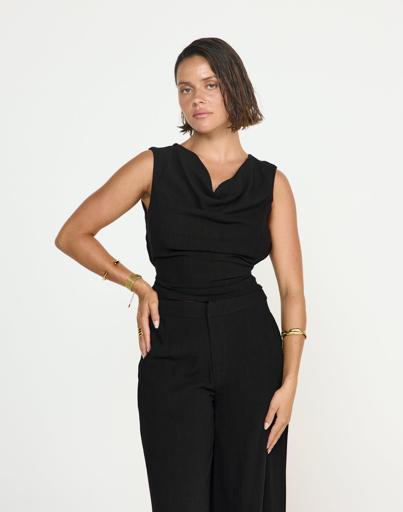 Shoreline Top (Black) - CHARCOAL EXCLUSIVE - Cowl neckline linen top with adjustable back tie - Women's Top - Charcoal Clothing