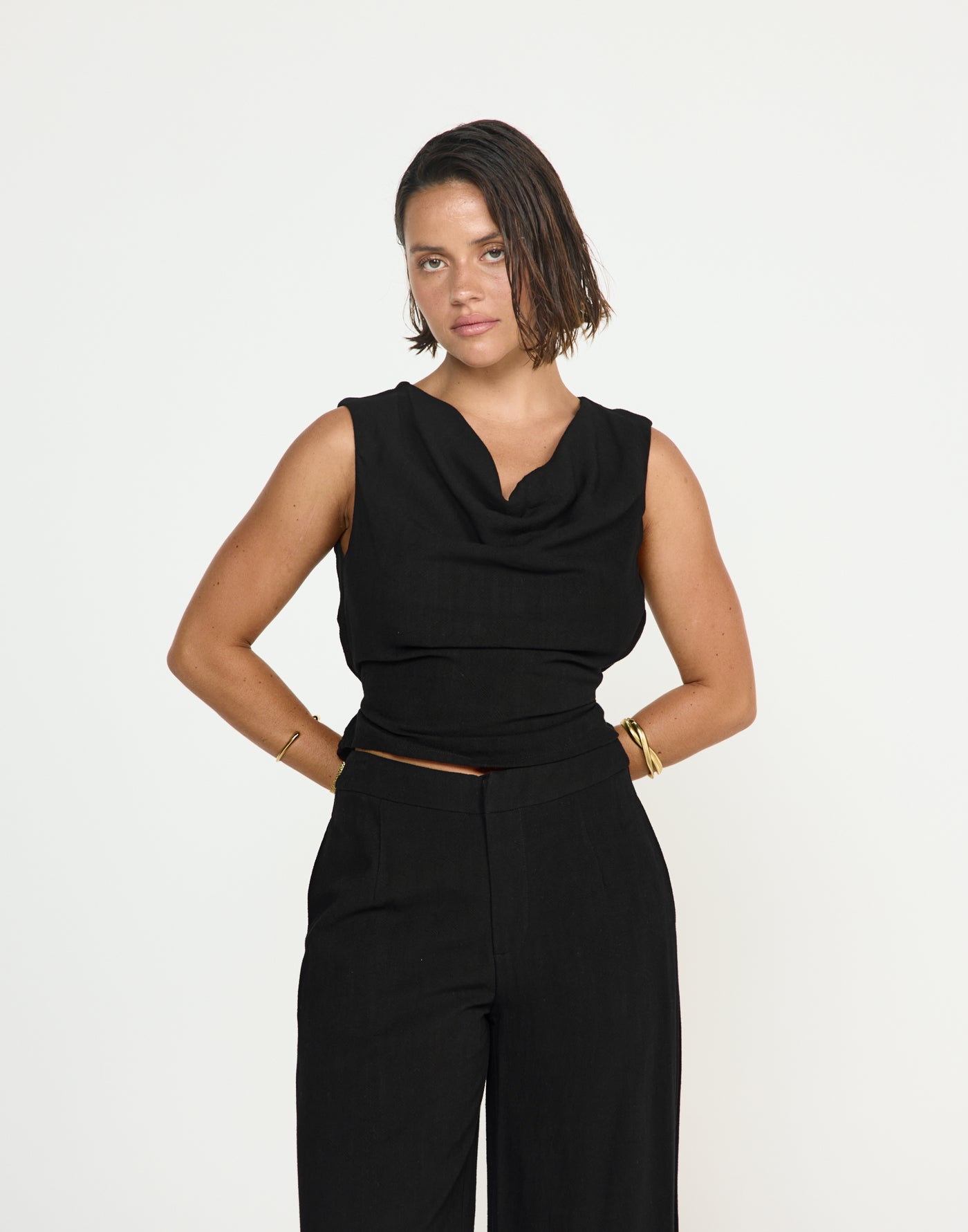 Shoreline Top (Black) - CHARCOAL EXCLUSIVE - Cowl neckline linen top with adjustable back tie - Women's Top - Charcoal Clothing