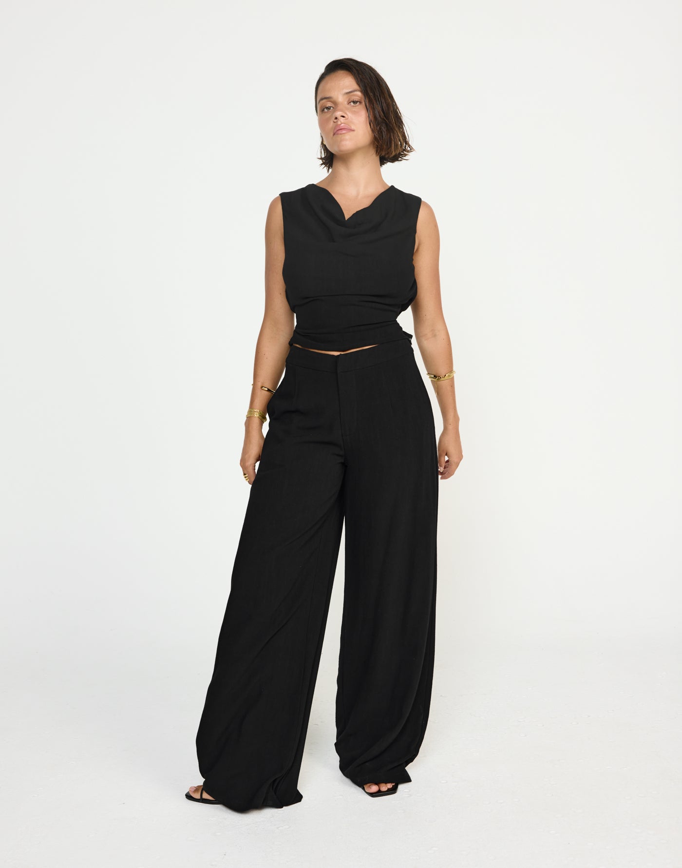 Shoreline Pants (Black) - CHARCOAL EXCLUSIVE - Mid to high rise wide baggy leg pants with linen fabrication - Women's Pants - Charcoal Clothing