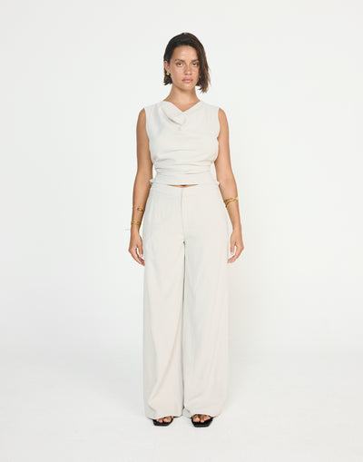 Shoreline Pants (Latte) - CHARCOAL EXCLUSIVE - Mid to high rise wide baggy leg pants with linen fabrication - Women's Pants - Charcoal Clothing