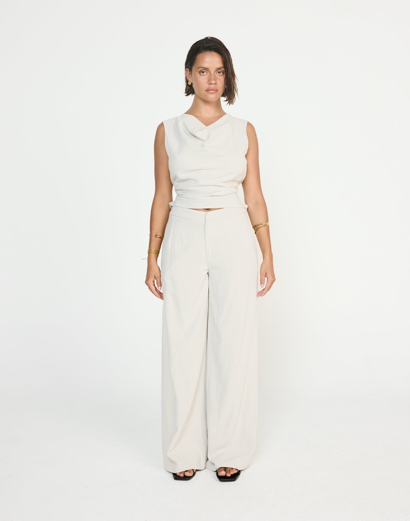 Shoreline Top (Latte) - CHARCOAL EXCLUSIVE - Cowl neckline linen top with adjustable back tie - Women's Top - Charcoal Clothing