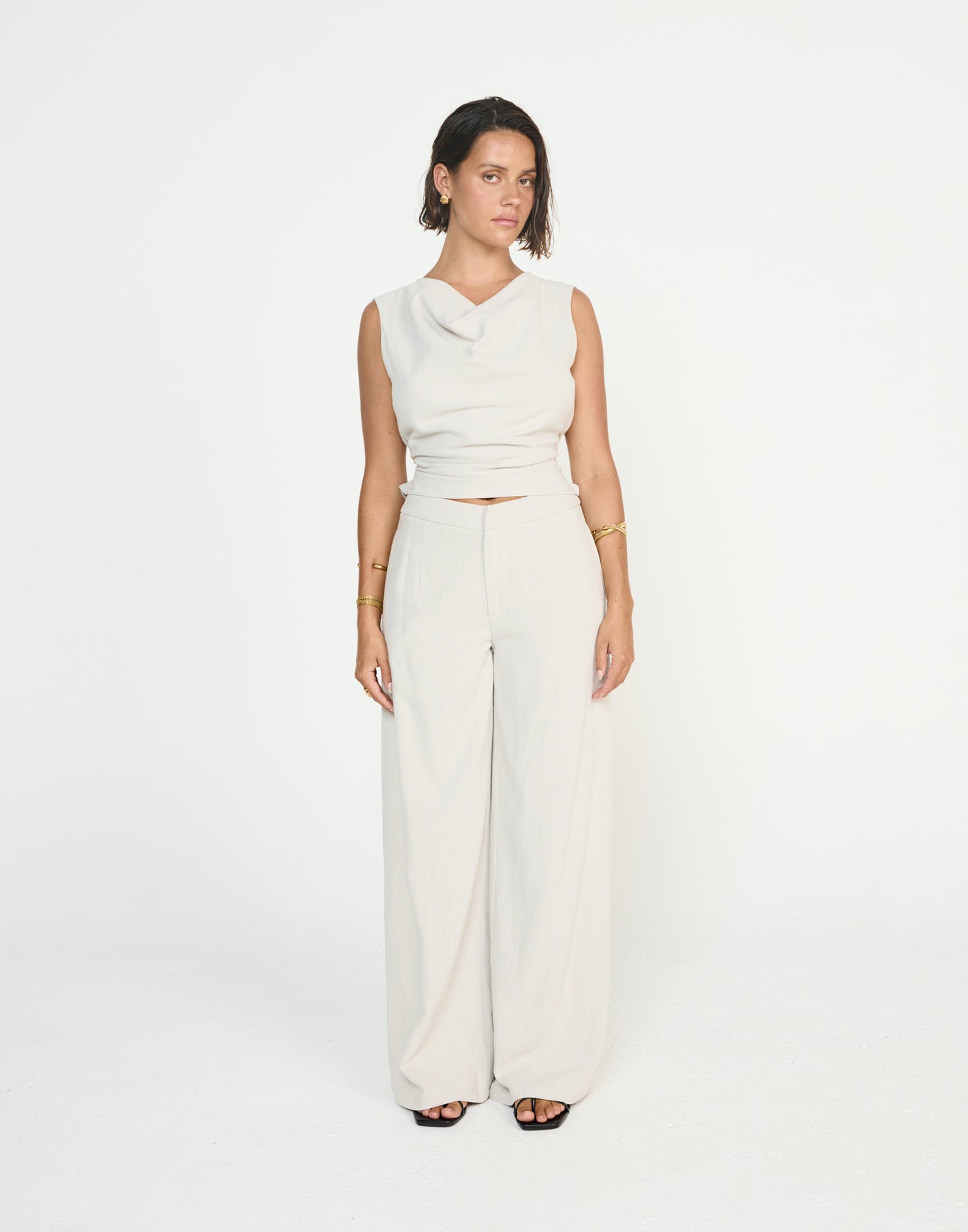 Shoreline Top (Latte) - CHARCOAL EXCLUSIVE - Cowl neckline linen top with adjustable back tie - Women's Top - Charcoal Clothing