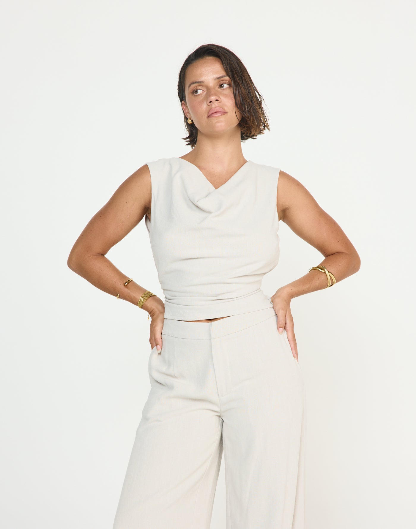 Shoreline Top (Latte) - CHARCOAL EXCLUSIVE - Cowl neckline linen top with adjustable back tie - Women's Top - Charcoal Clothing