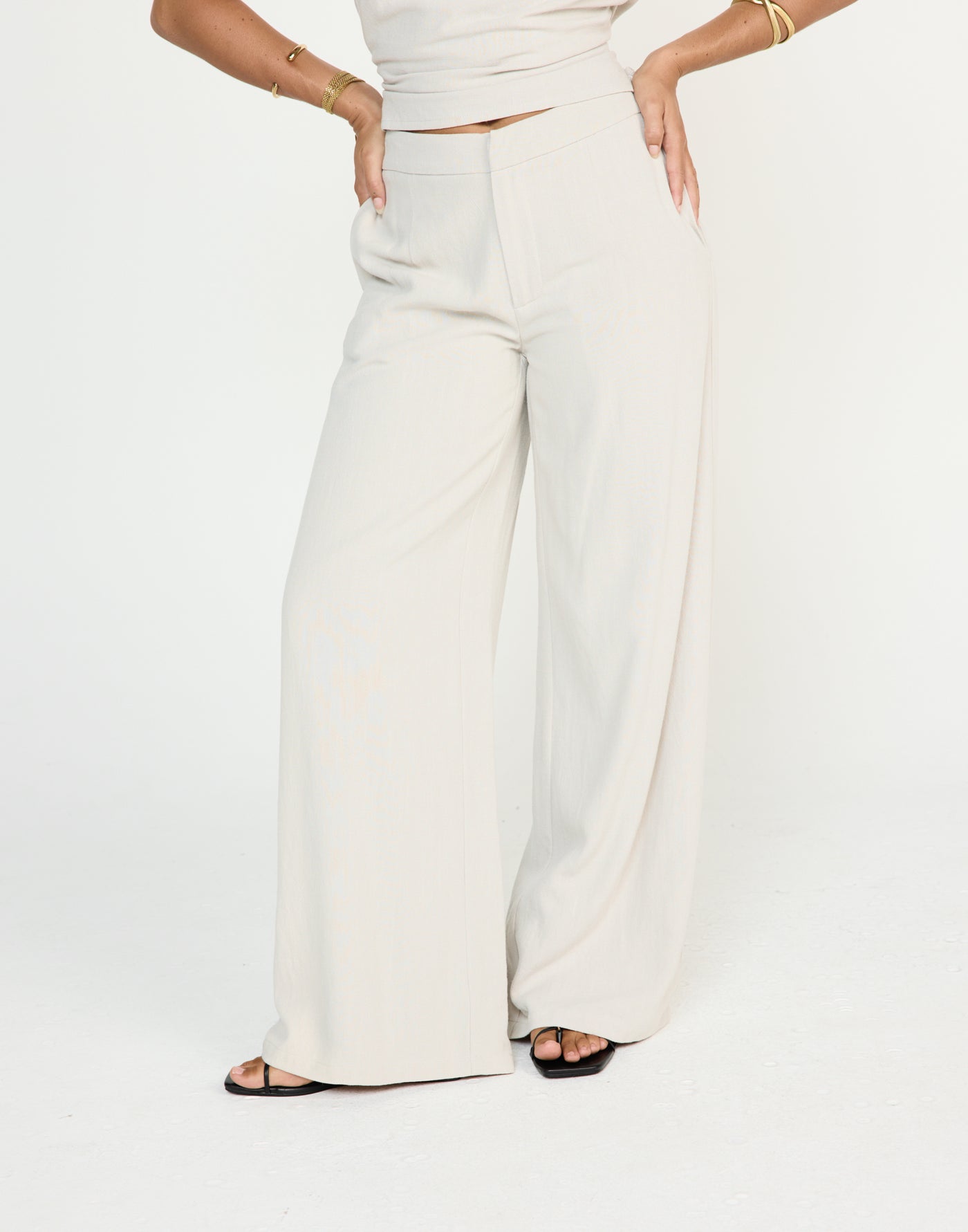 Shoreline Pants (Latte) - CHARCOAL EXCLUSIVE - Mid to high rise wide baggy leg pants with linen fabrication - Women's Pants - Charcoal Clothing
