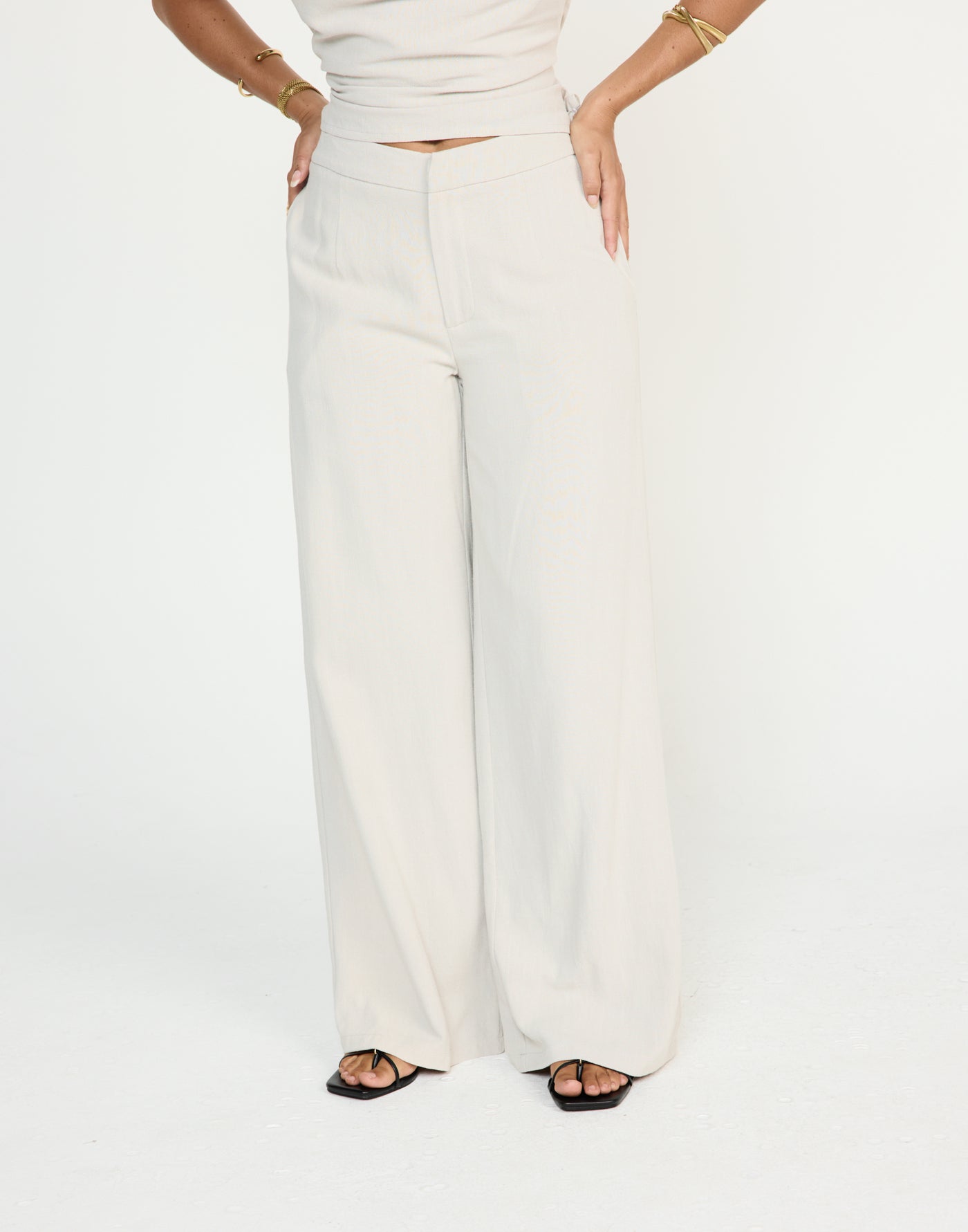 Shoreline Pants (Latte) - CHARCOAL EXCLUSIVE - Mid to high rise wide baggy leg pants with linen fabrication - Women's Pants - Charcoal Clothing