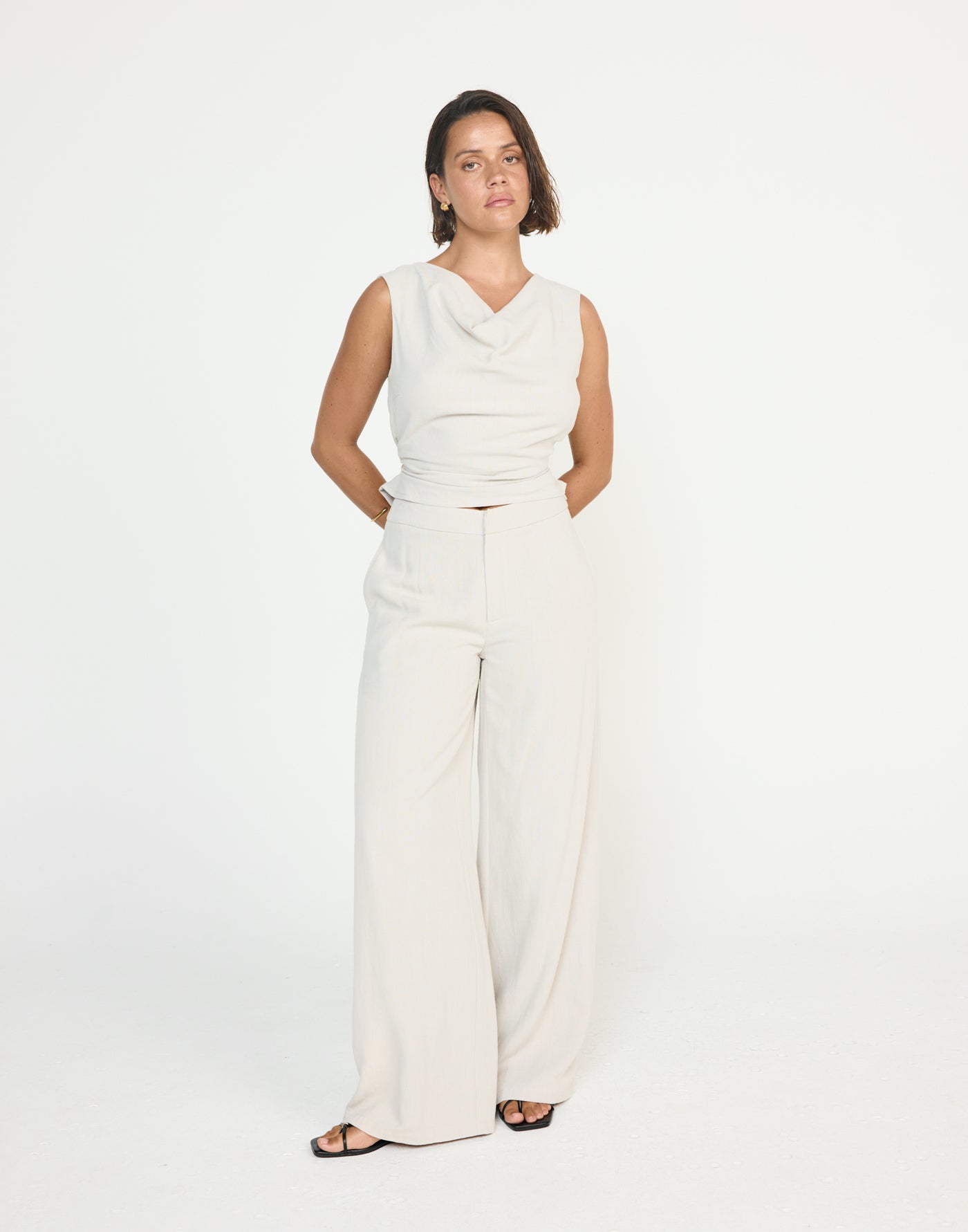Shoreline Top (Latte) - CHARCOAL EXCLUSIVE - Cowl neckline linen top with adjustable back tie - Women's Top - Charcoal Clothing