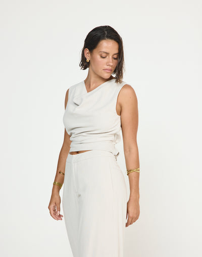 Shoreline Top (Latte) - CHARCOAL EXCLUSIVE - Cowl neckline linen top with adjustable back tie - Women's Top - Charcoal Clothing