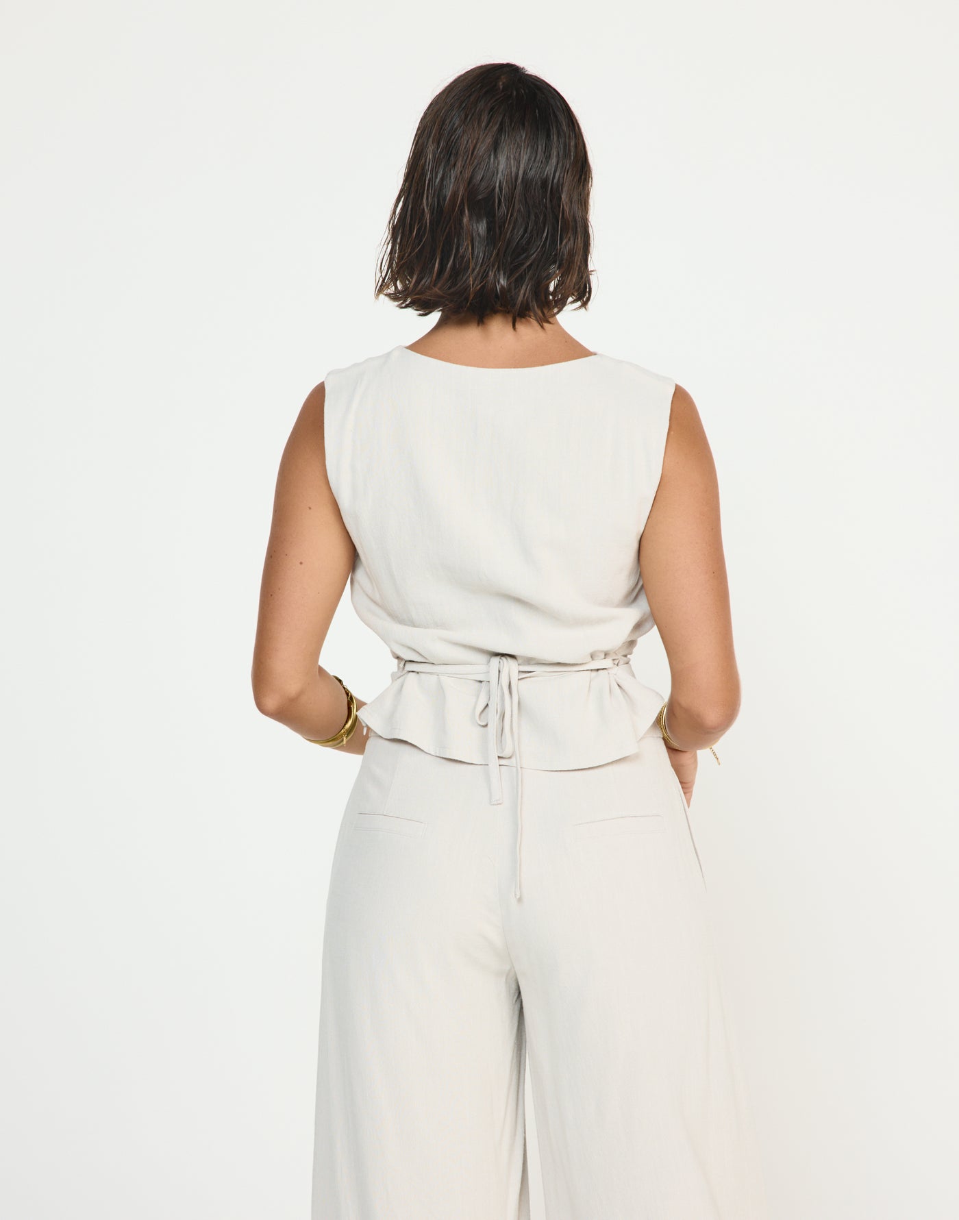 Shoreline Top (Latte) - CHARCOAL EXCLUSIVE - Cowl neckline linen top with adjustable back tie - Women's Top - Charcoal Clothing