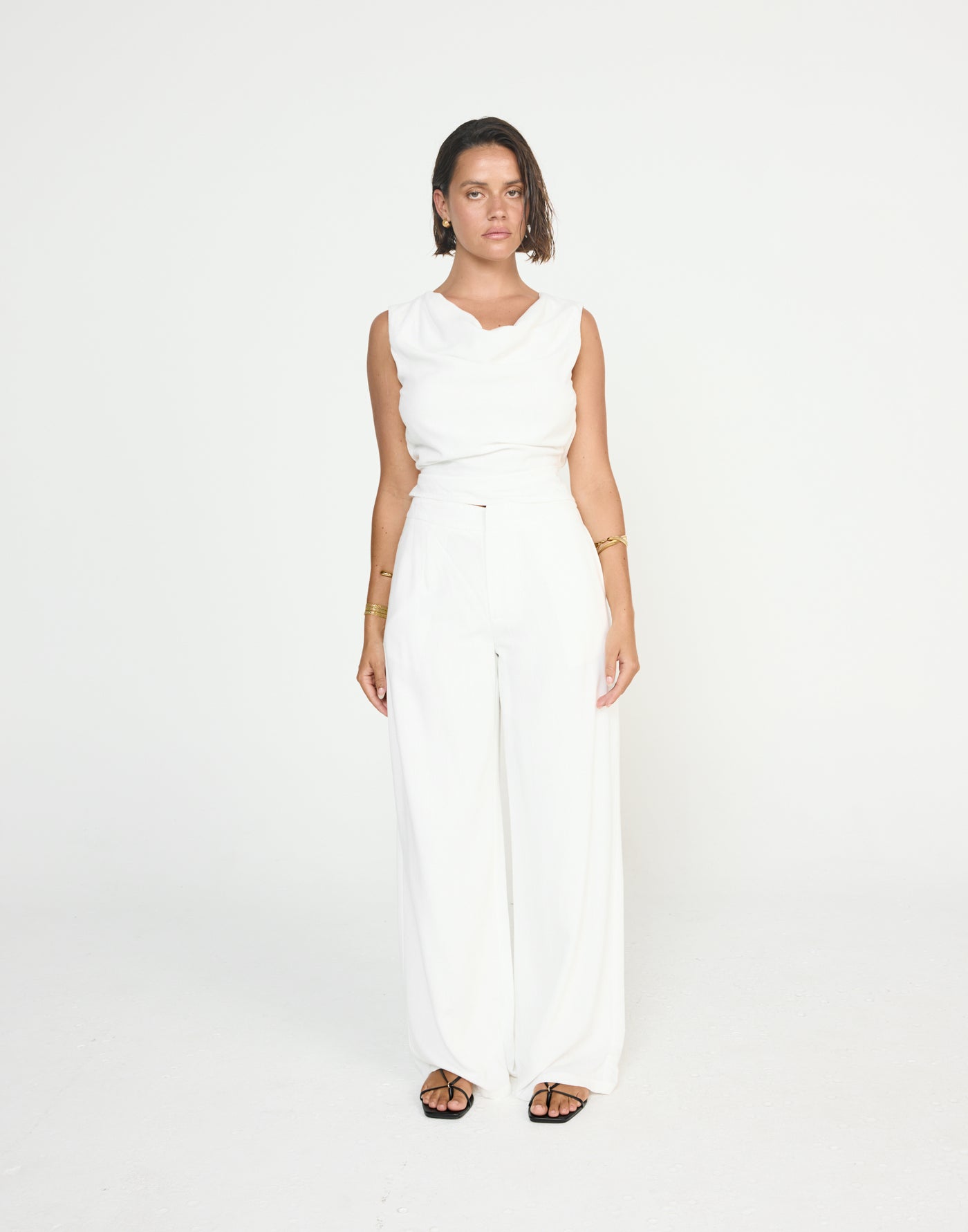 Shoreline Top (White) - CHARCOAL EXCLUSIVE - Cowl neckline linen top with adjustable back tie - Women's Top - Charcoal Clothing