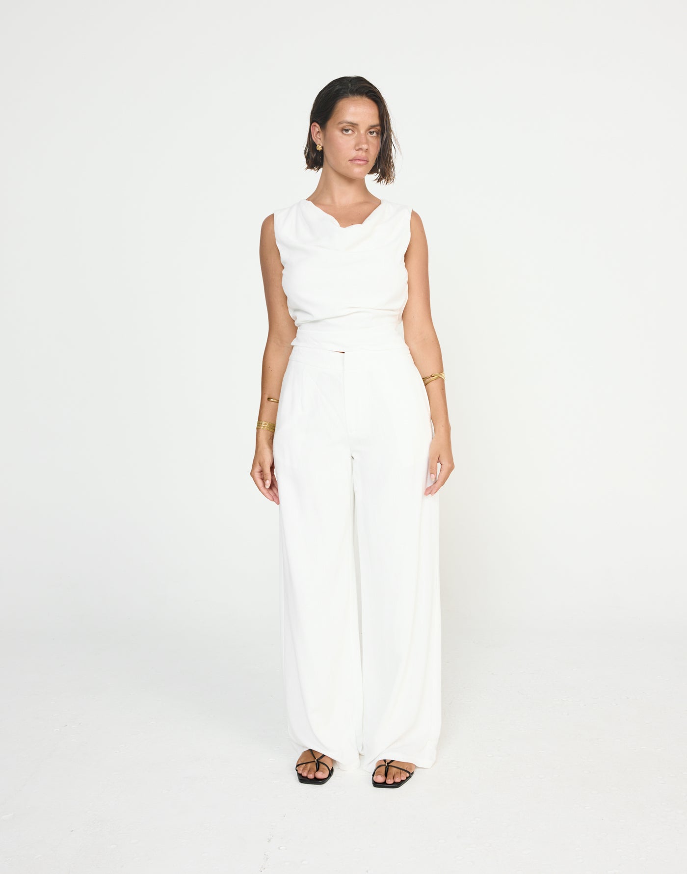 Shoreline Pants (White) - CHARCOAL EXCLUSIVE - Mid to high rise wide baggy leg pants with linen fabrication - Women's Pants - Charcoal Clothing