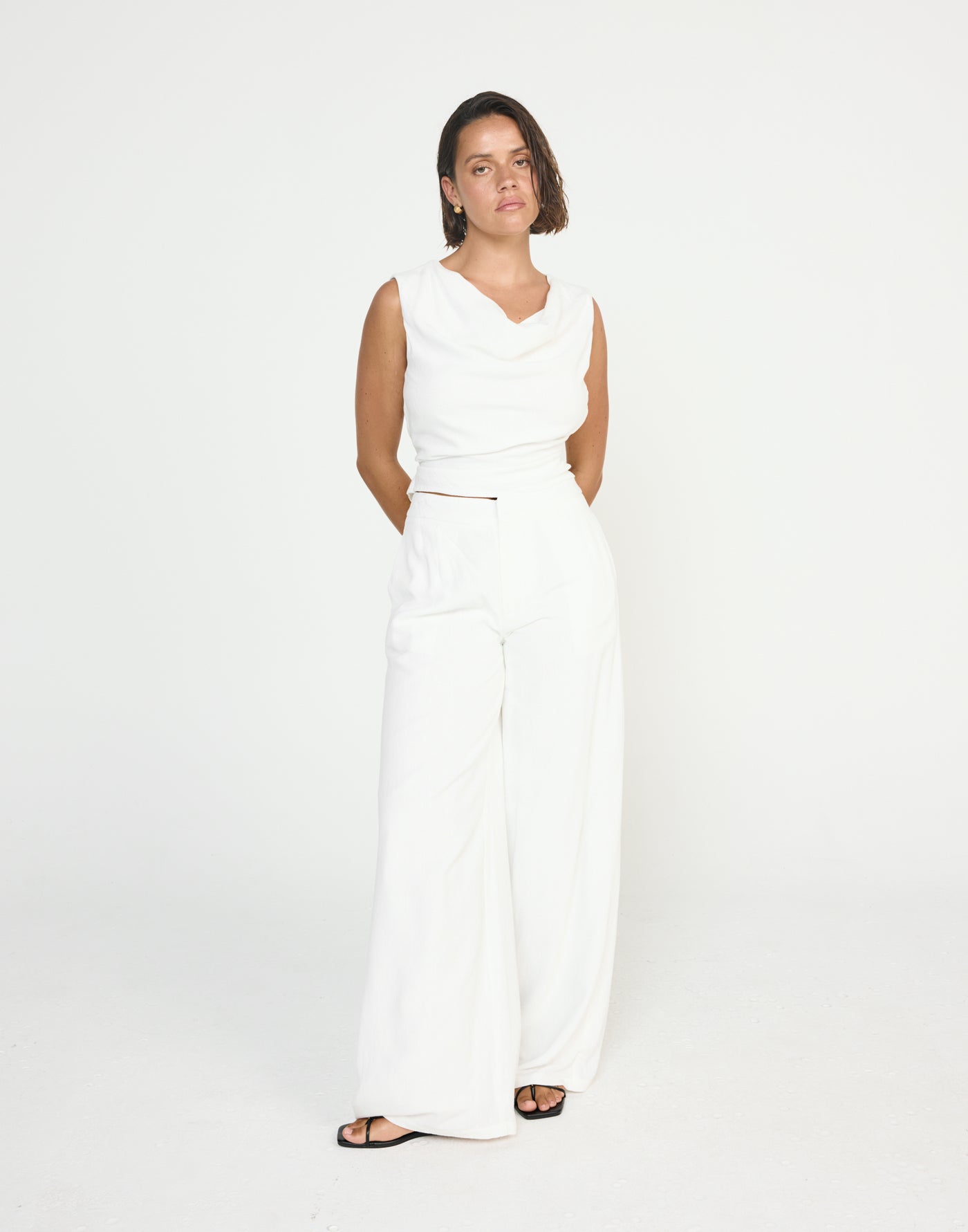 Shoreline Pants (White) - CHARCOAL EXCLUSIVE - Mid to high rise wide baggy leg pants with linen fabrication - Women's Pants - Charcoal Clothing