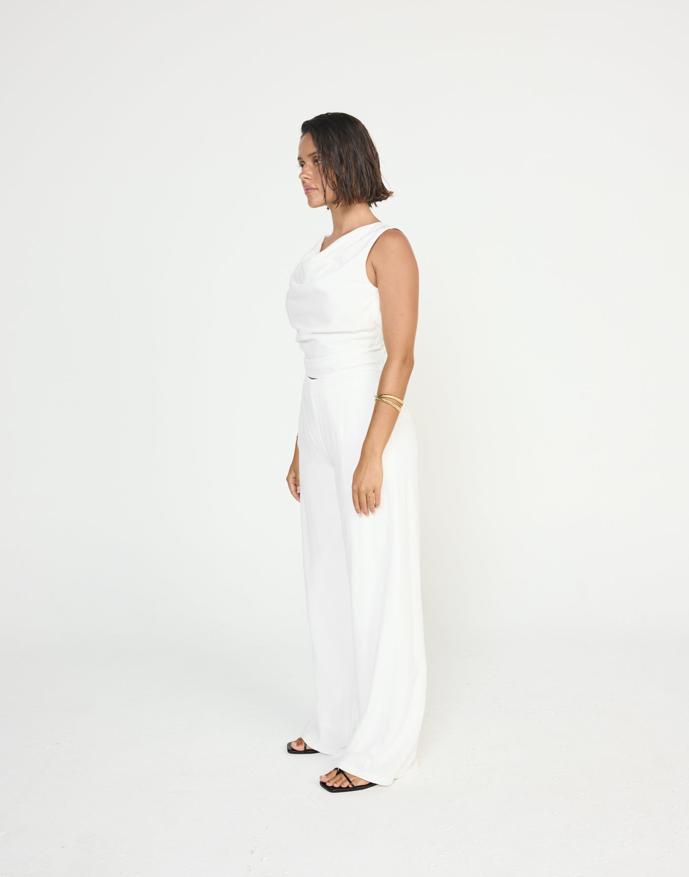 Shoreline Top (White) - CHARCOAL EXCLUSIVE - Cowl neckline linen top with adjustable back tie - Women's Top - Charcoal Clothing