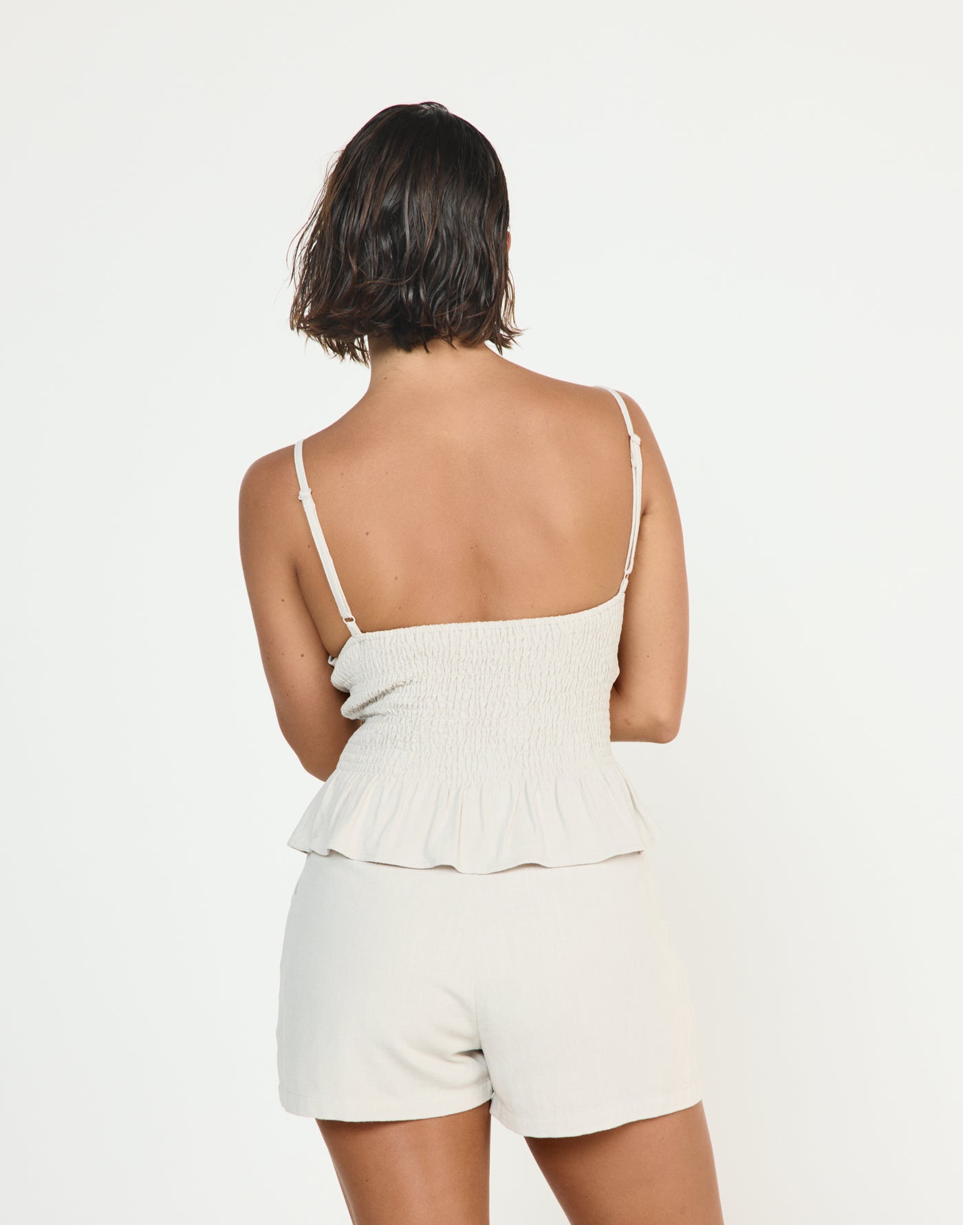 Kai Top (Latte) - CHARCOAL CLOTHING - V neckline ribbed bodice linen top adjustable straps - Women's Top - Charcoal Clothing