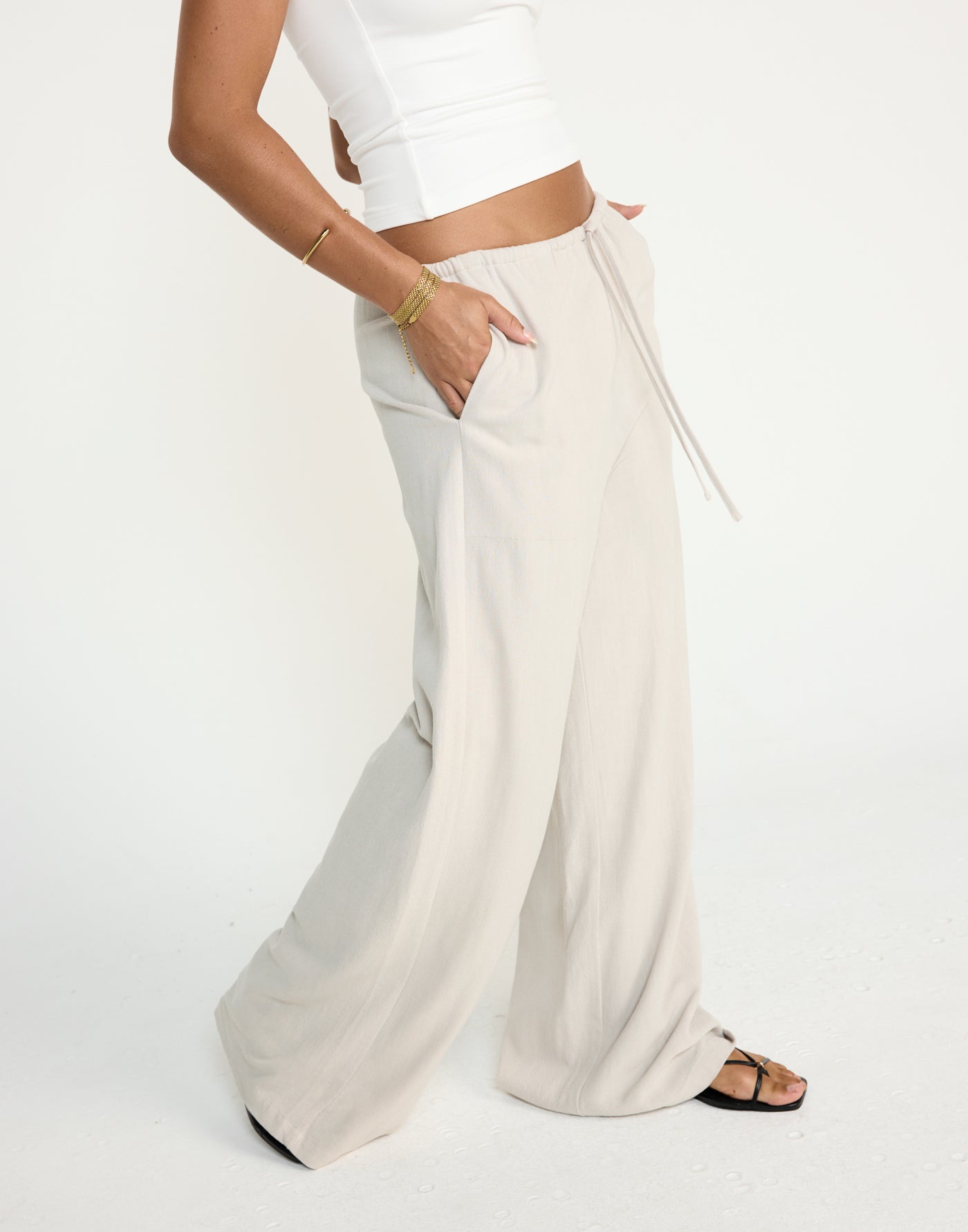 Cove Pants (Latte) - CHARCOAL EXCLUSIVE - Mid Rise Drawstring Linen Pants - Women's Pants - Charcoal Clothing